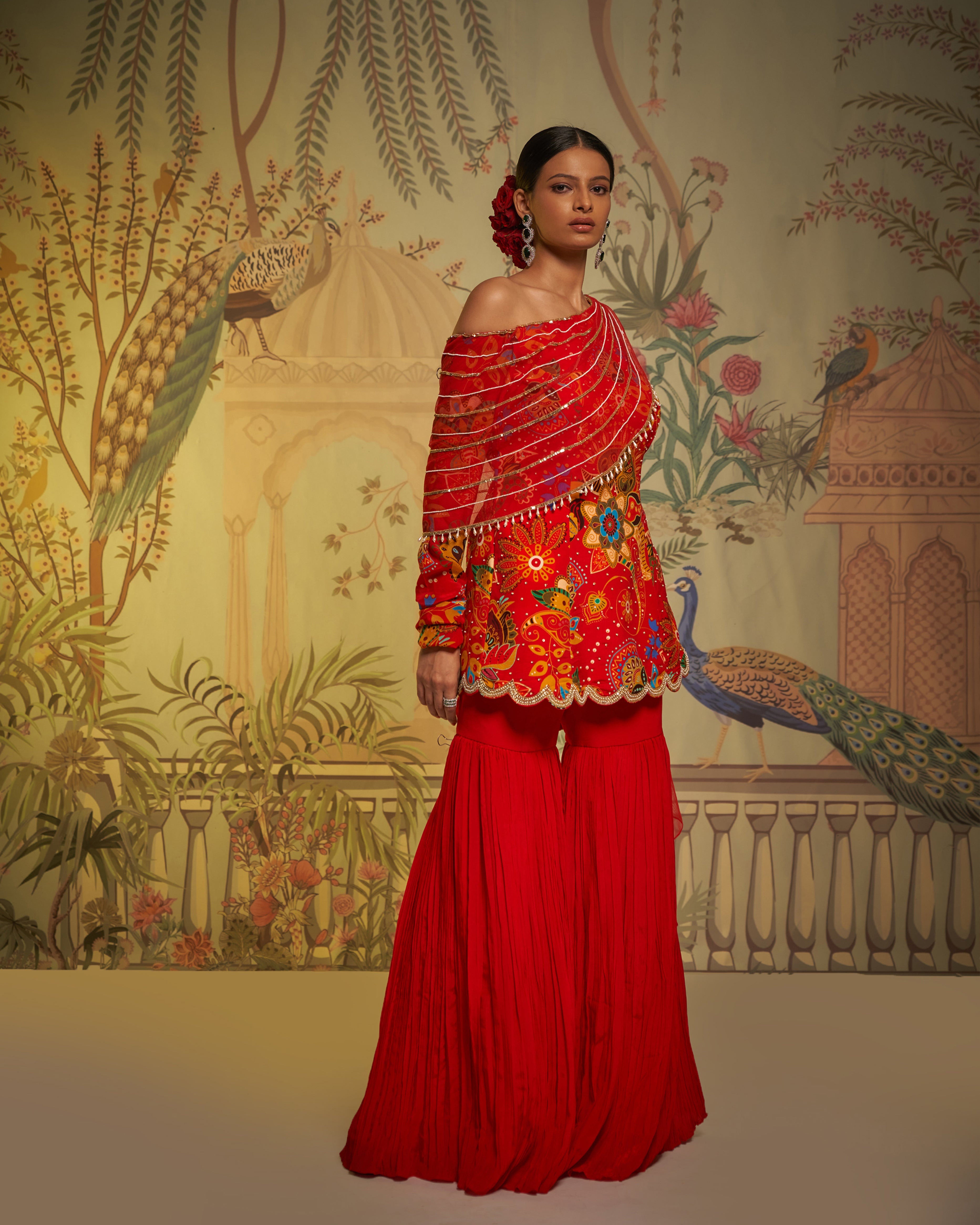 CY Aayushi Maniar Red Crepe Silk Phulvaari Printed Tunic And Gharara Set Front 1