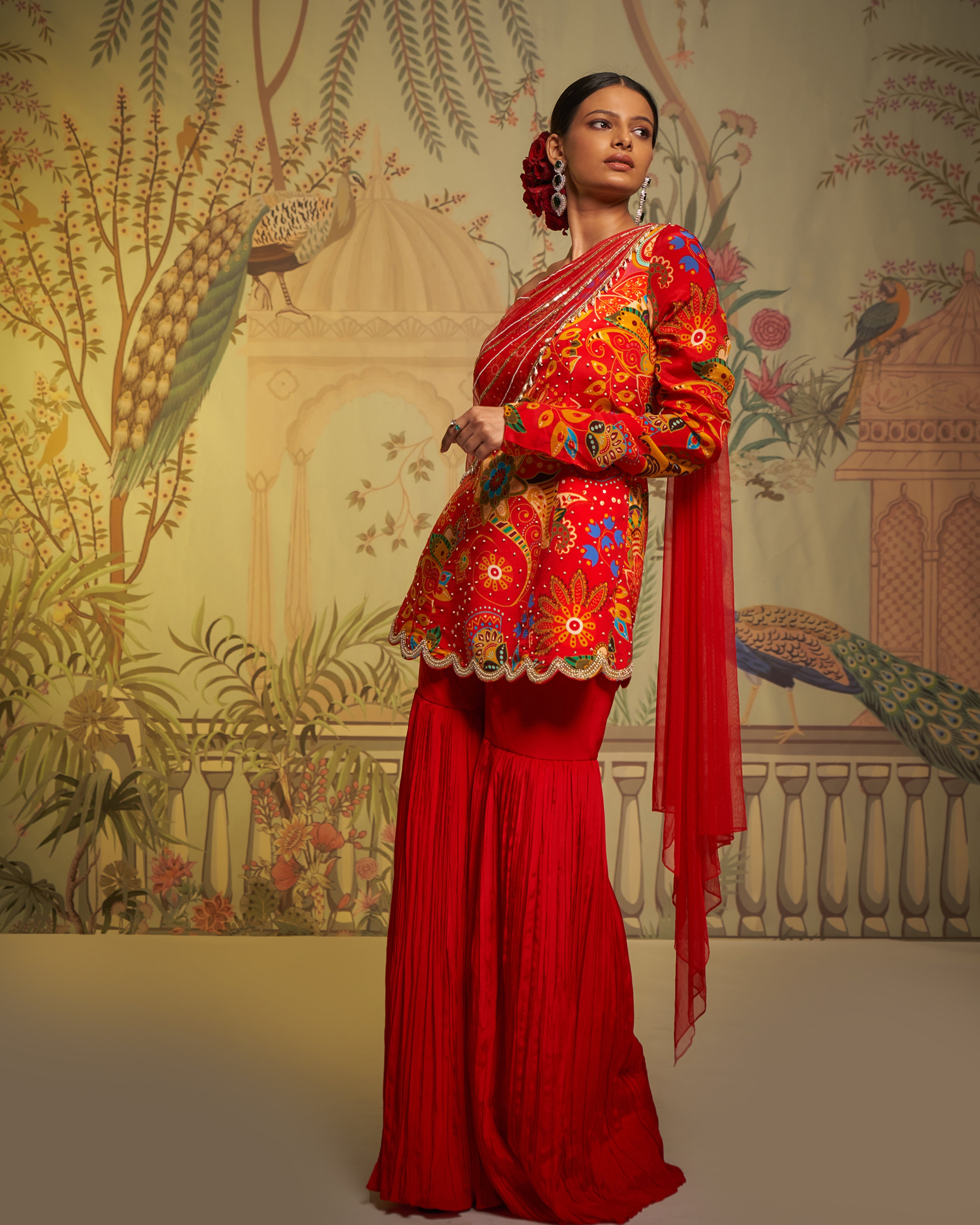 CY Aayushi Maniar Red Crepe Silk Phulvaari Printed Tunic And Gharara Set Front 3