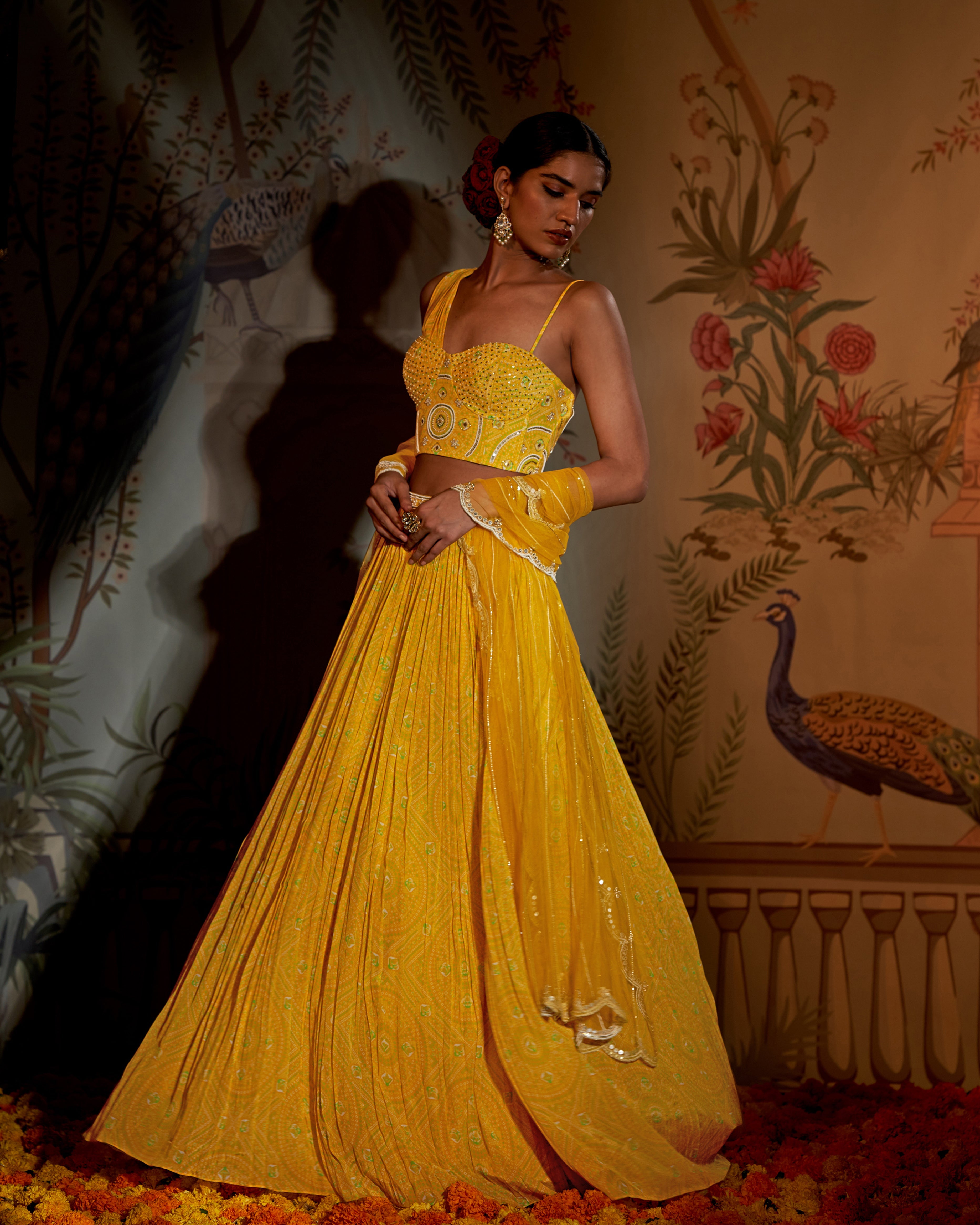 CY Aayushi Maniar Yellow Bandhini Corset Lehenga Set Front 1