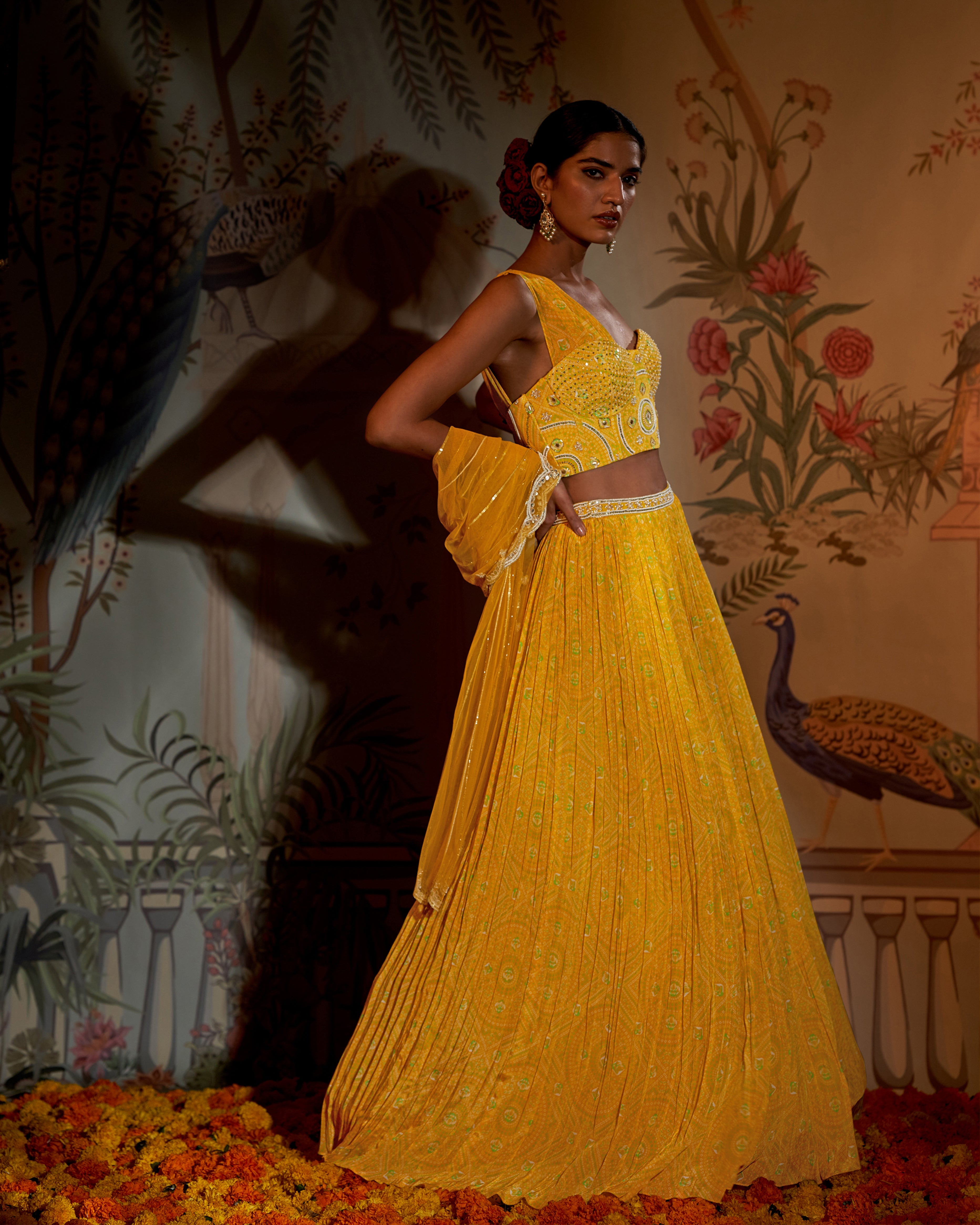CY Aayushi Maniar Yellow Bandhini Corset Lehenga Set Front 2