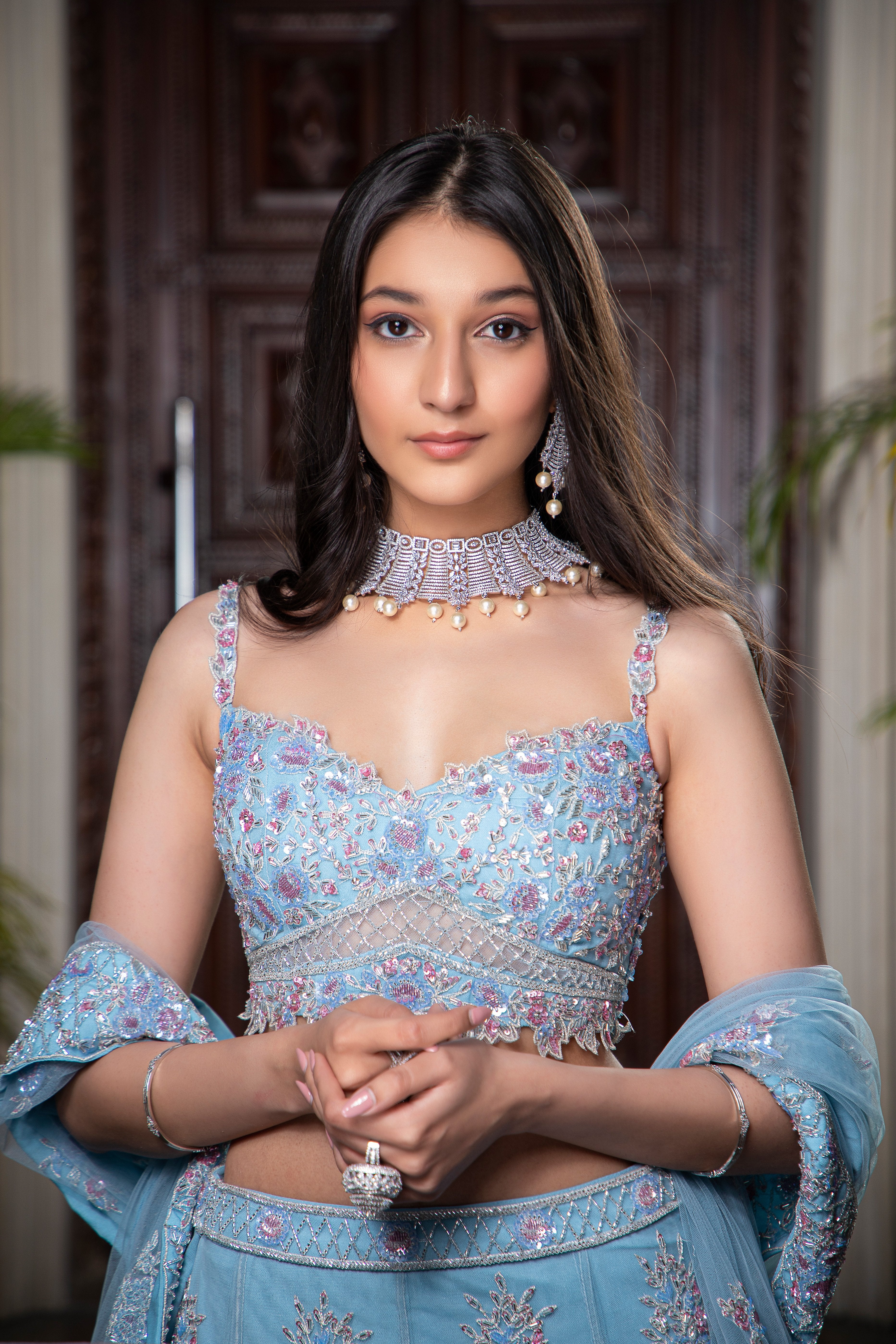 CY Amit GT Light Blue Hand Embroidered Lehenga Set Closeup 1