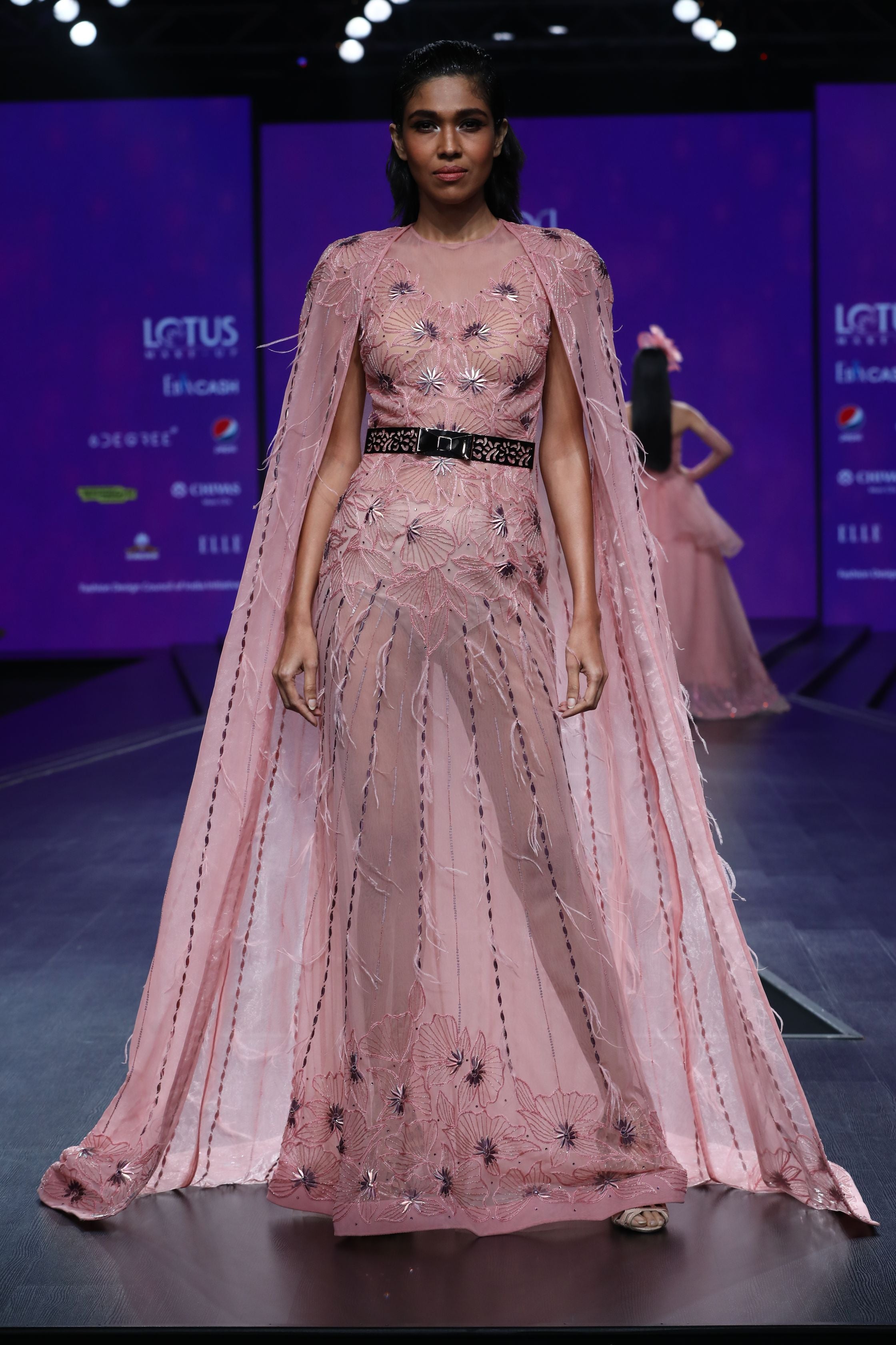 CY Amit GT Light Pink Cape Gown With Foiled Flowers Front 1