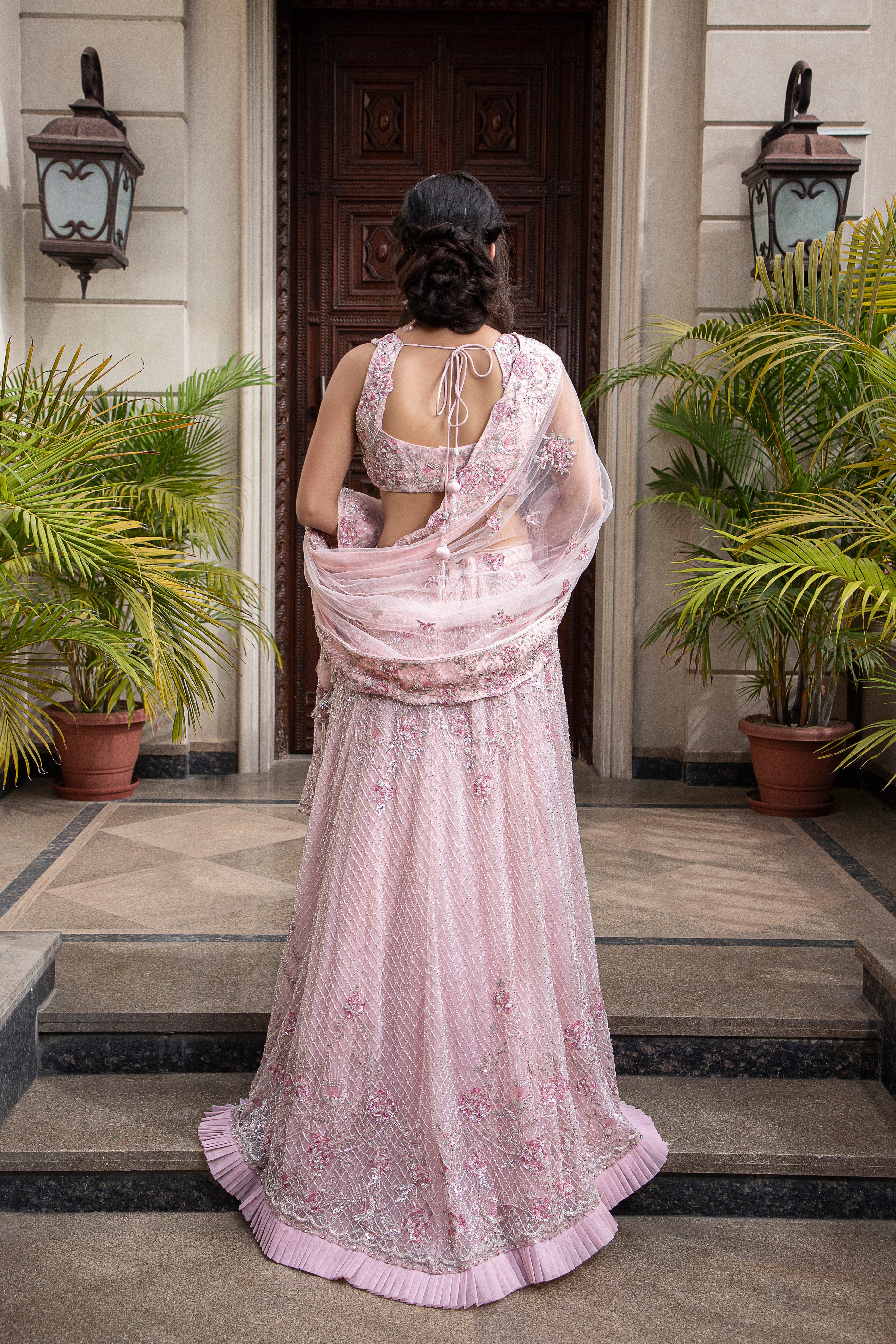 CY Amit GT Light Pink Hand Embroidered Mermaid Lehenga Set Back 1