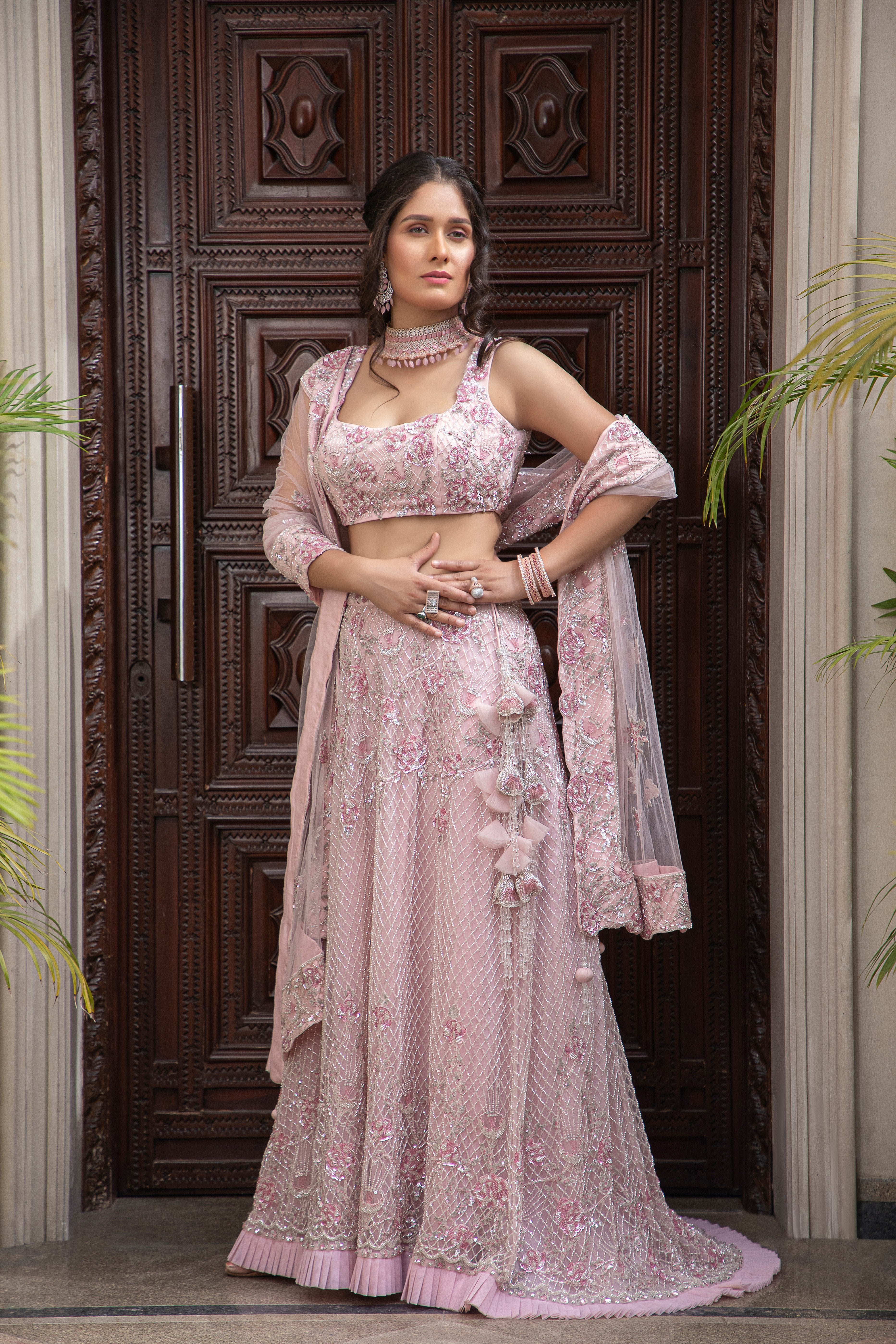 CY Amit GT Light Pink Hand Embroidered Mermaid Lehenga Set Front 1