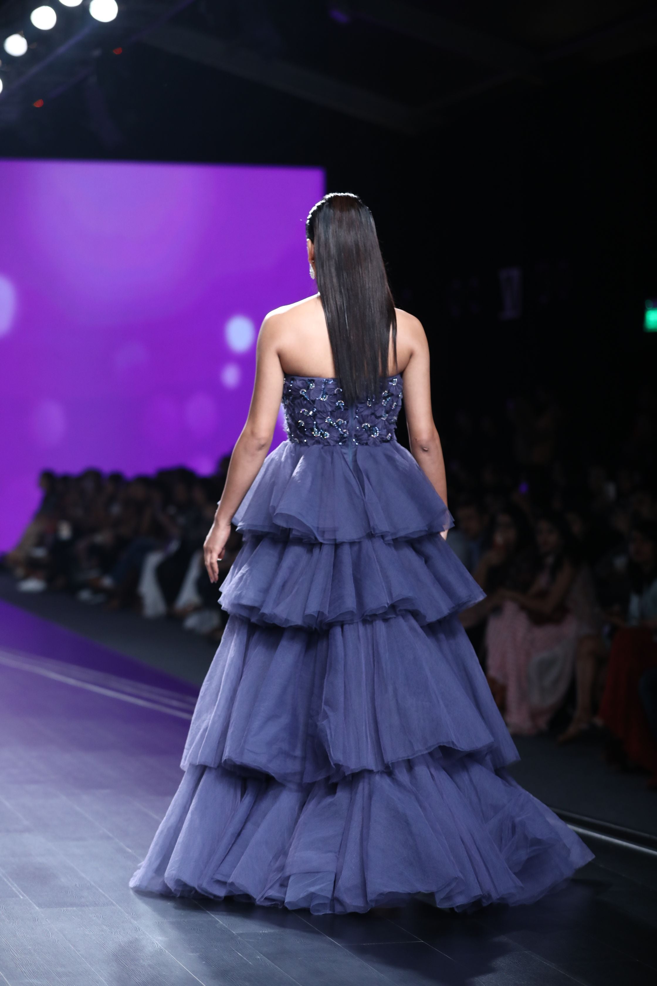 CY Amit GT Midnight Blue Tier Draped Ball Gown Back 1