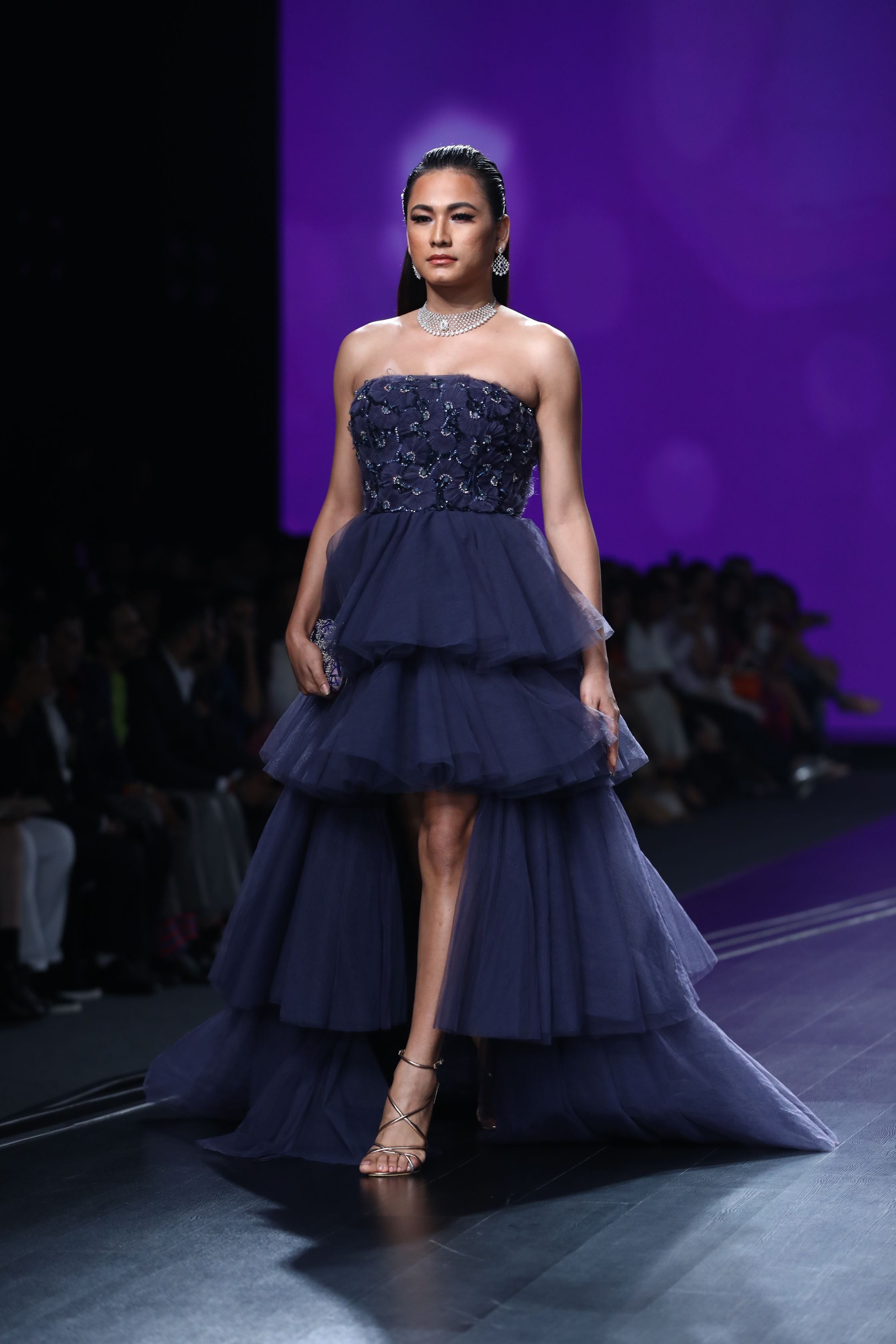 CY Amit GT Midnight Blue Tier Draped Ball Gown Front 1