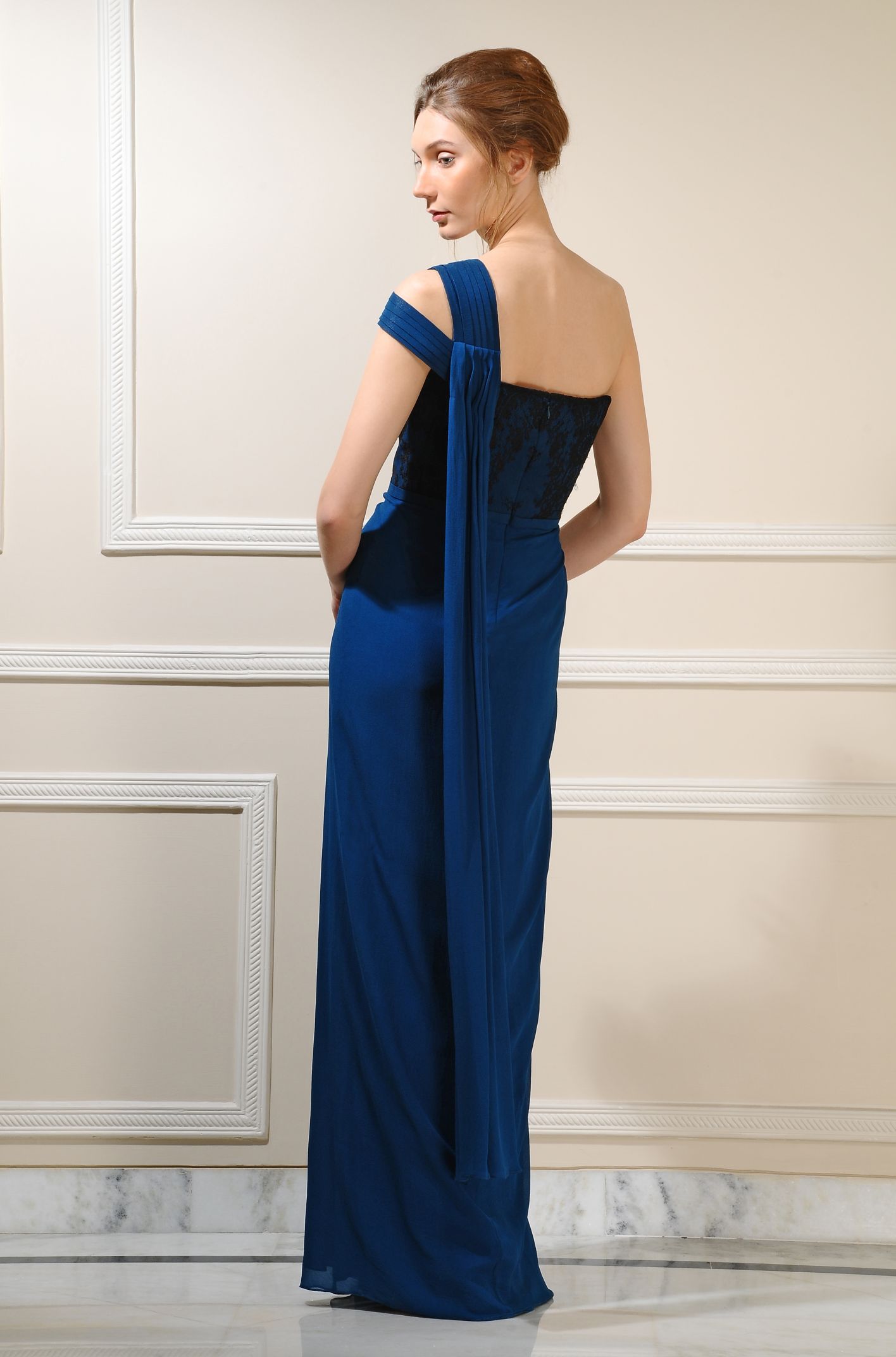 CY Amit GT One Shoulder Silk Georgette Gown Back 1