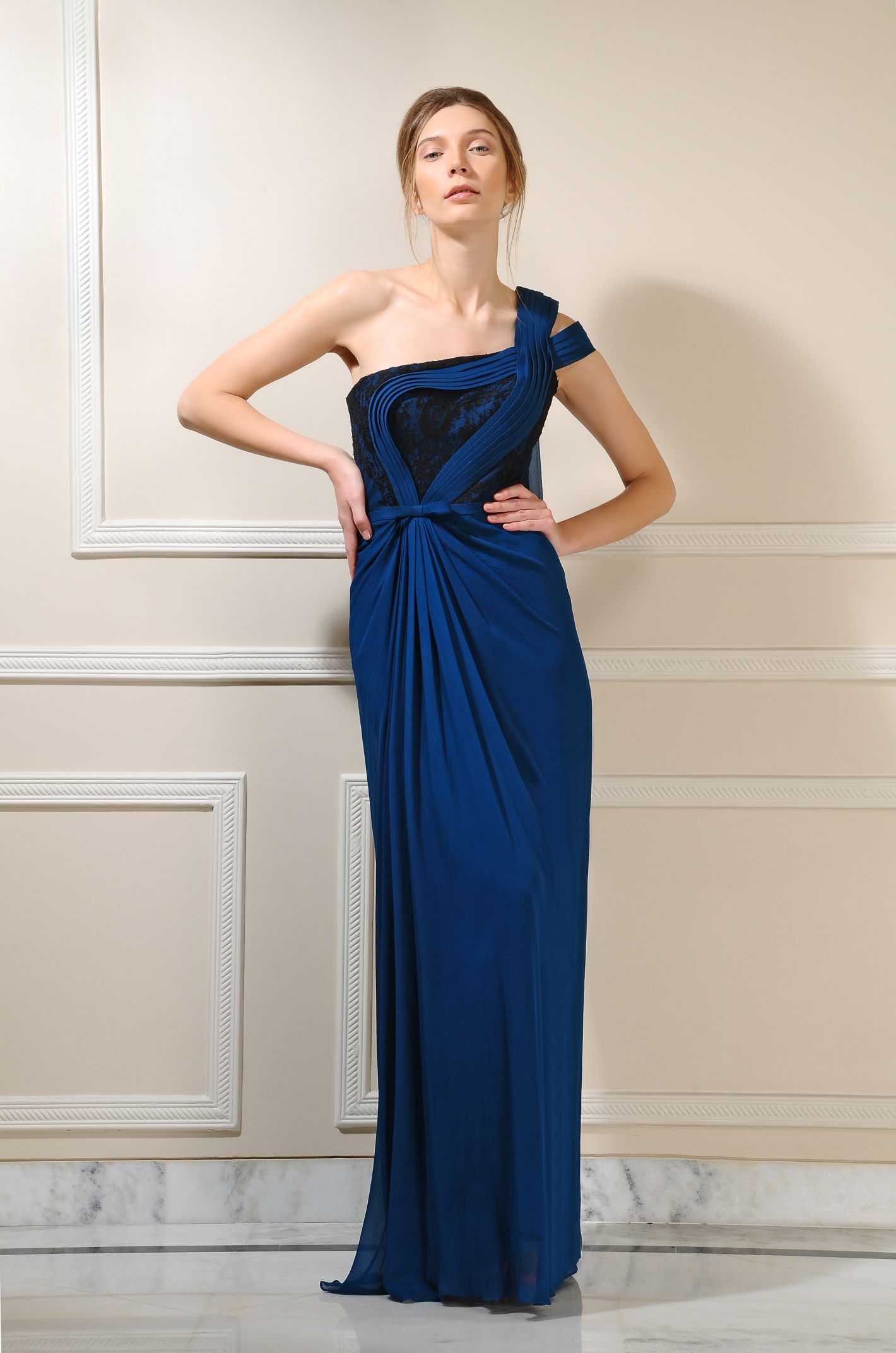 CY Amit GT One Shoulder Silk Georgette Gown Front 1