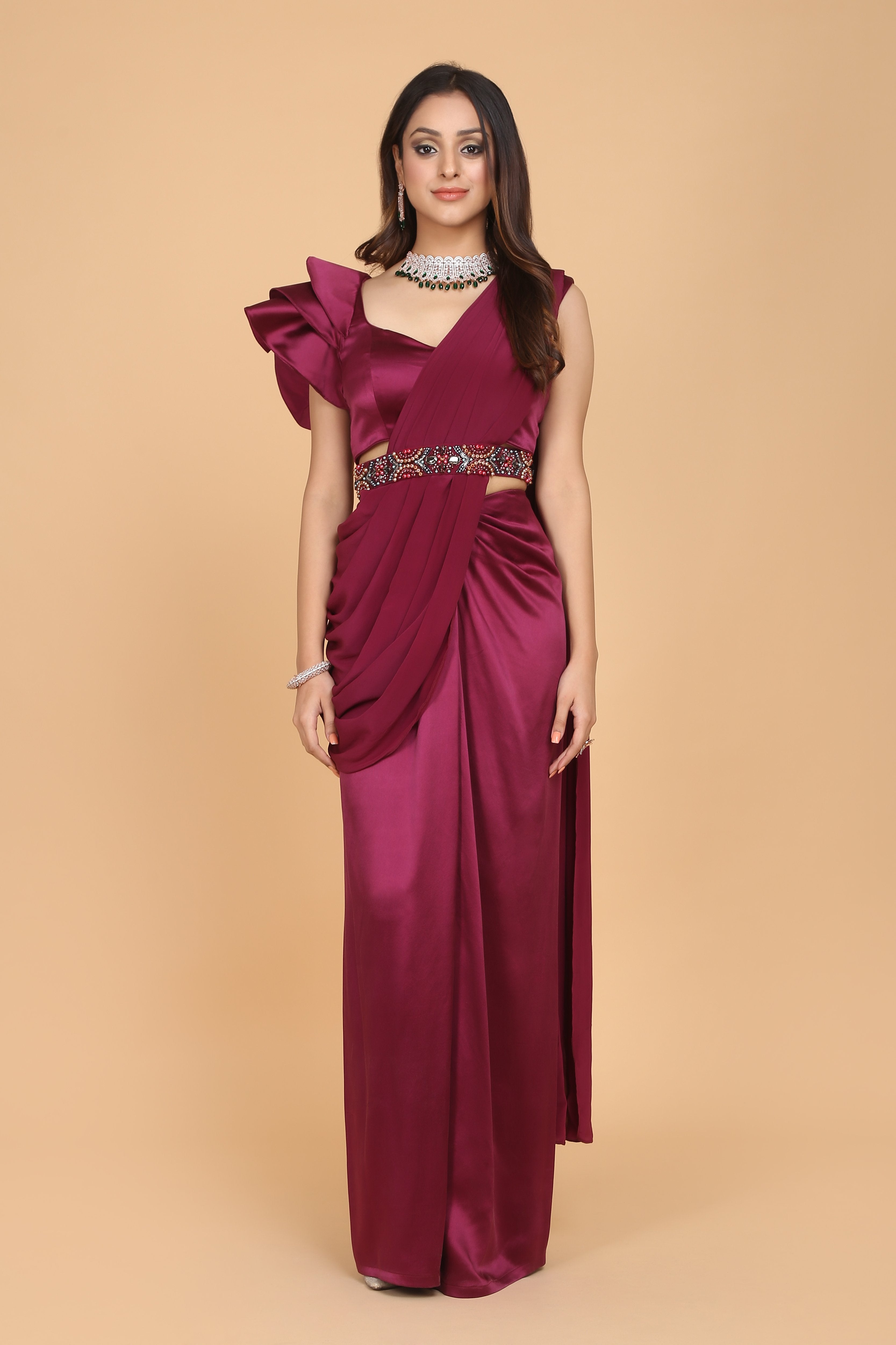 CY Amit GT Pre-Draped Saree With Ruffle Blouse Front 1