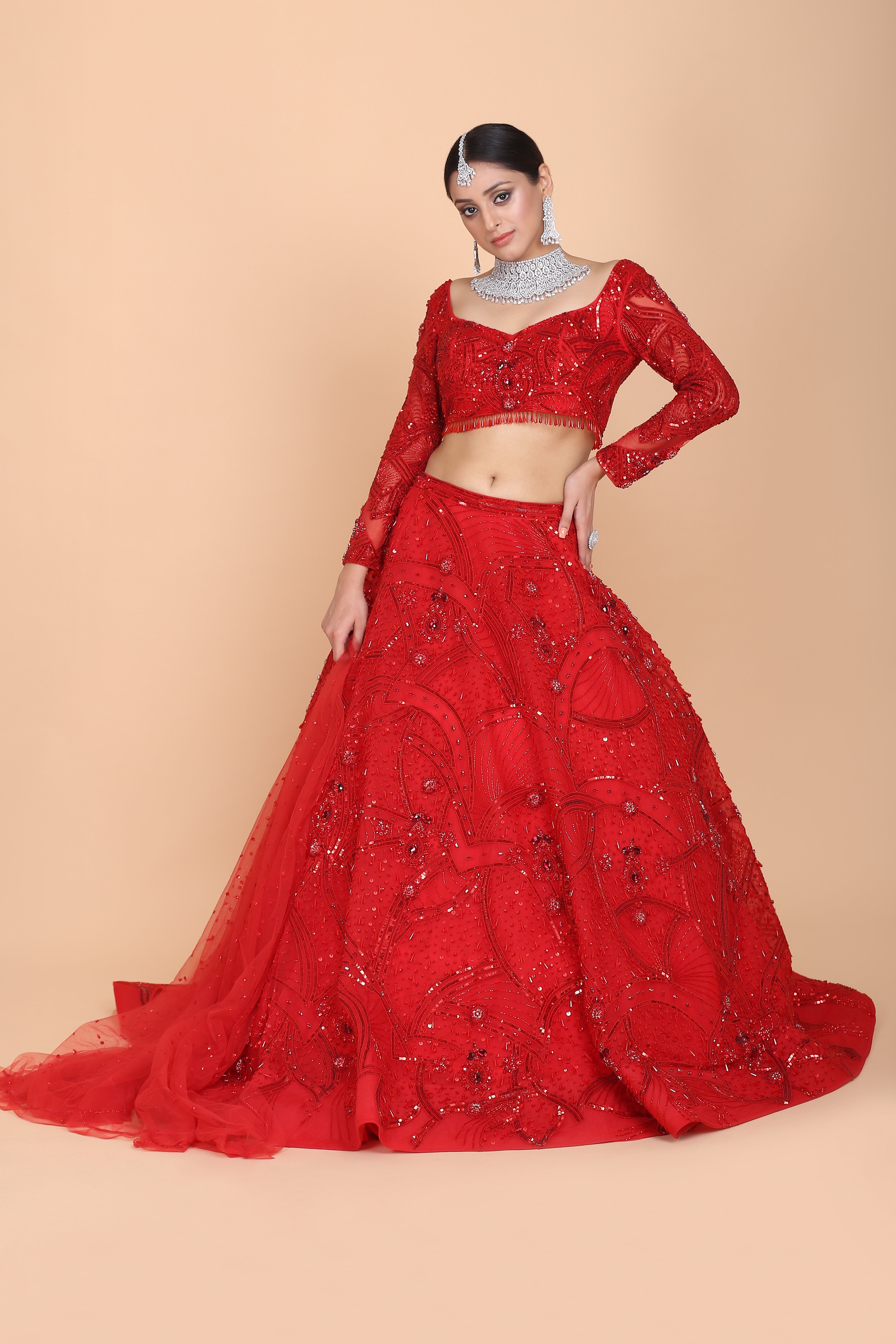 CY Amit GT Red Embroidered Lehenga Set Front 1