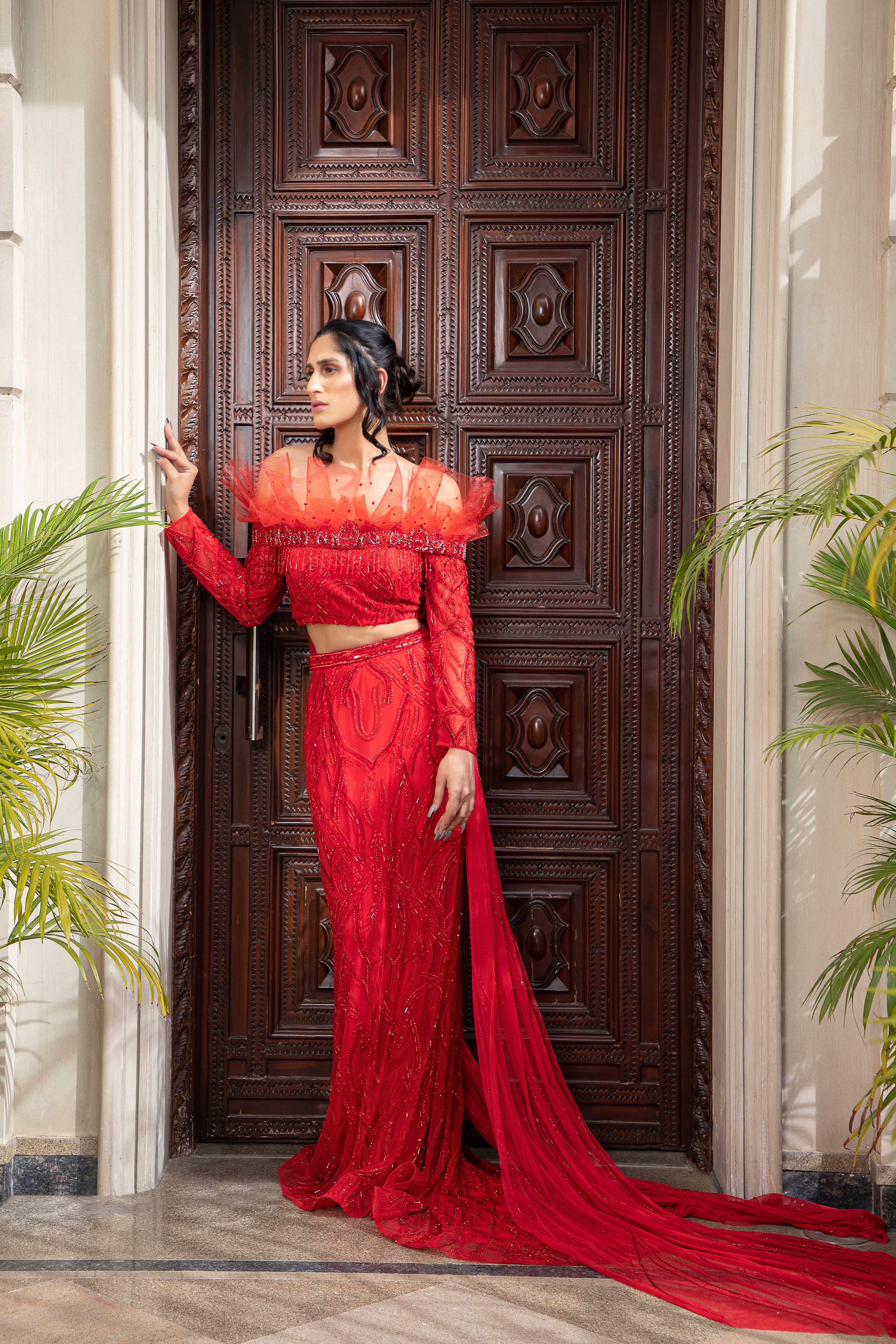 CY Amit GT Red Hand Embroidered Draped Lehenga Set Front 1