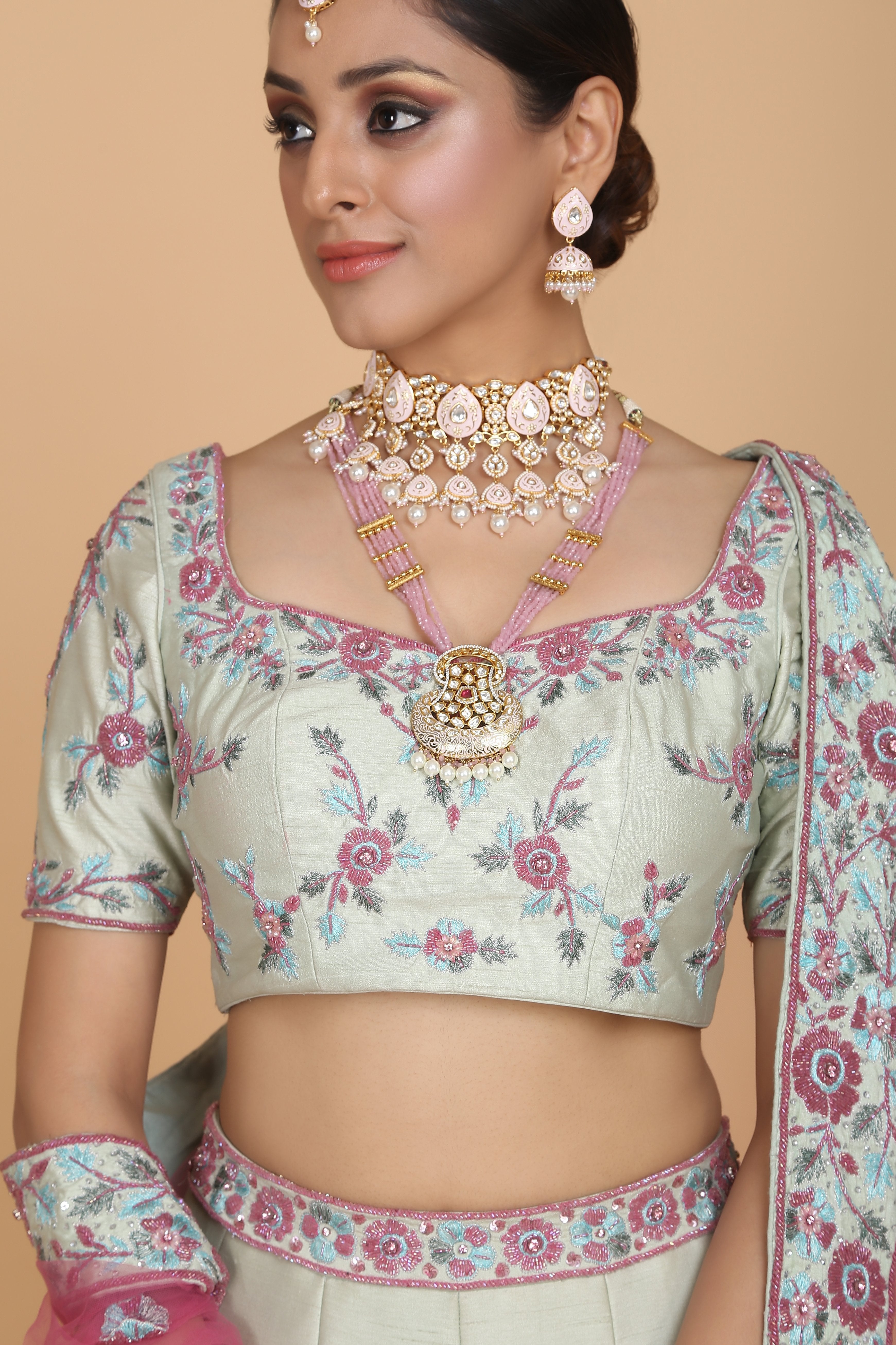 CY Amit GT River Blooms - Sea Green Floral Embroidered Lehenga Set Closeup 1