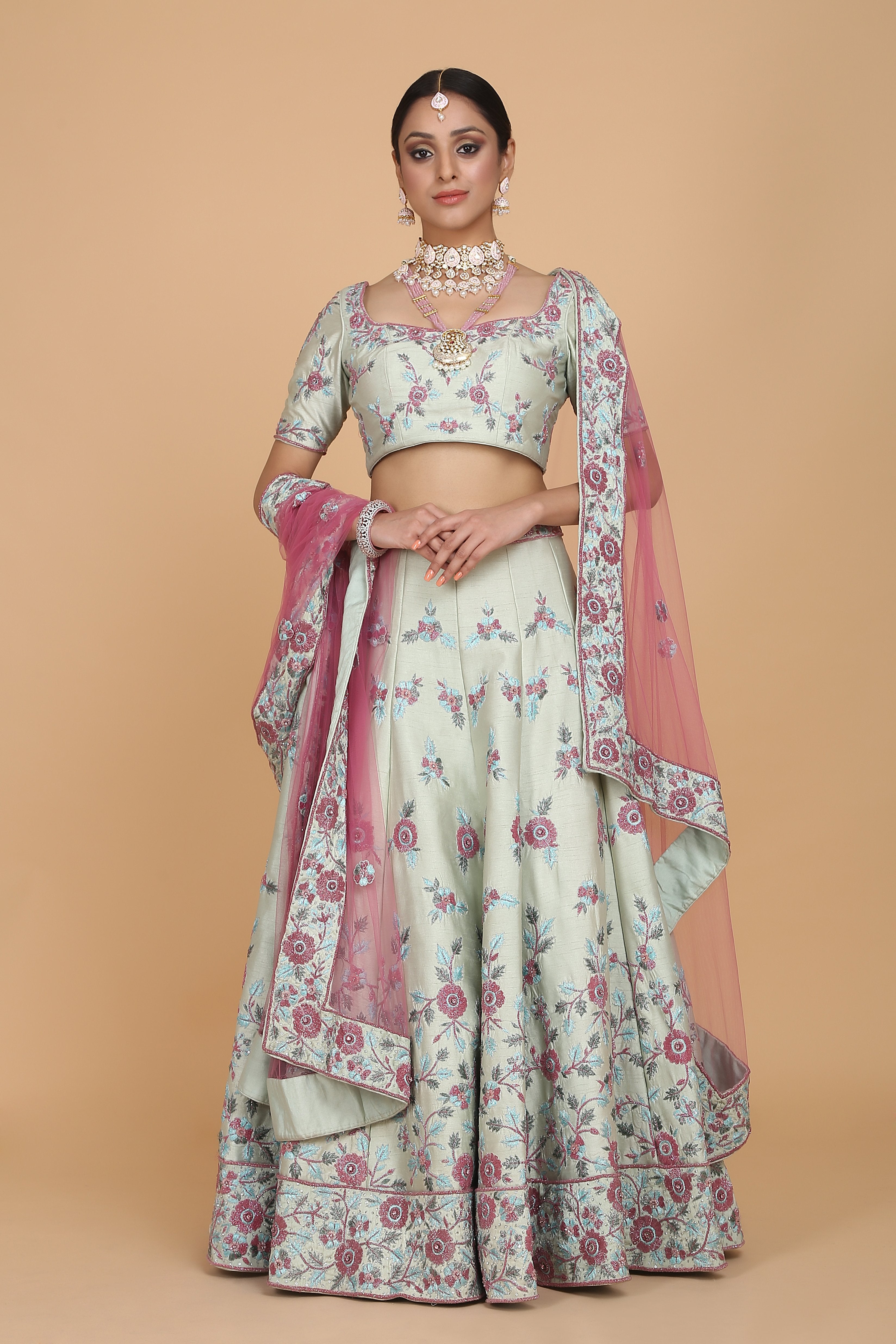 CY Amit GT River Blooms - Sea Green Floral Embroidered Lehenga Set Front 1