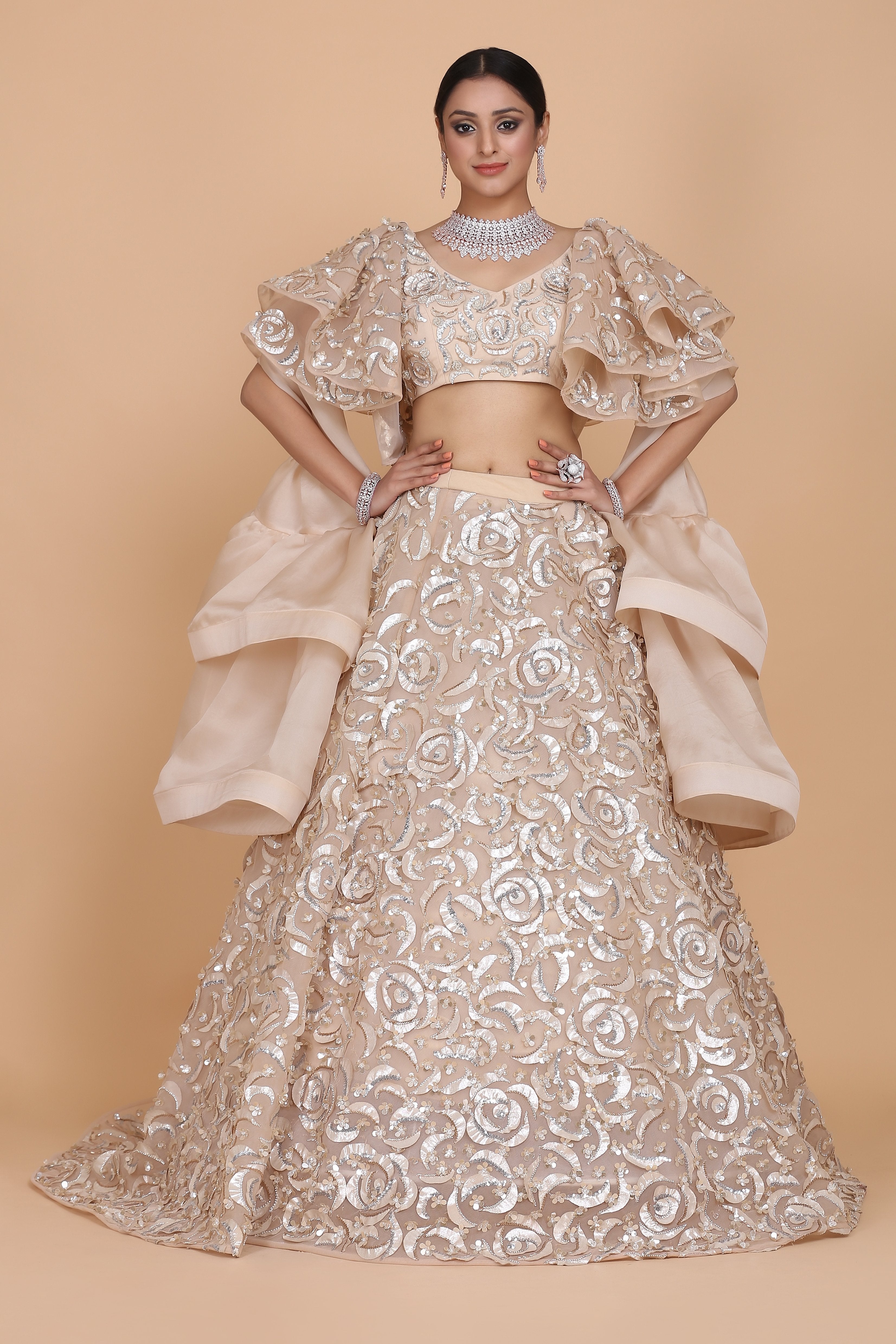 CY Amit GT Rossette Embroidered Bridal Lehenga Set Front 1