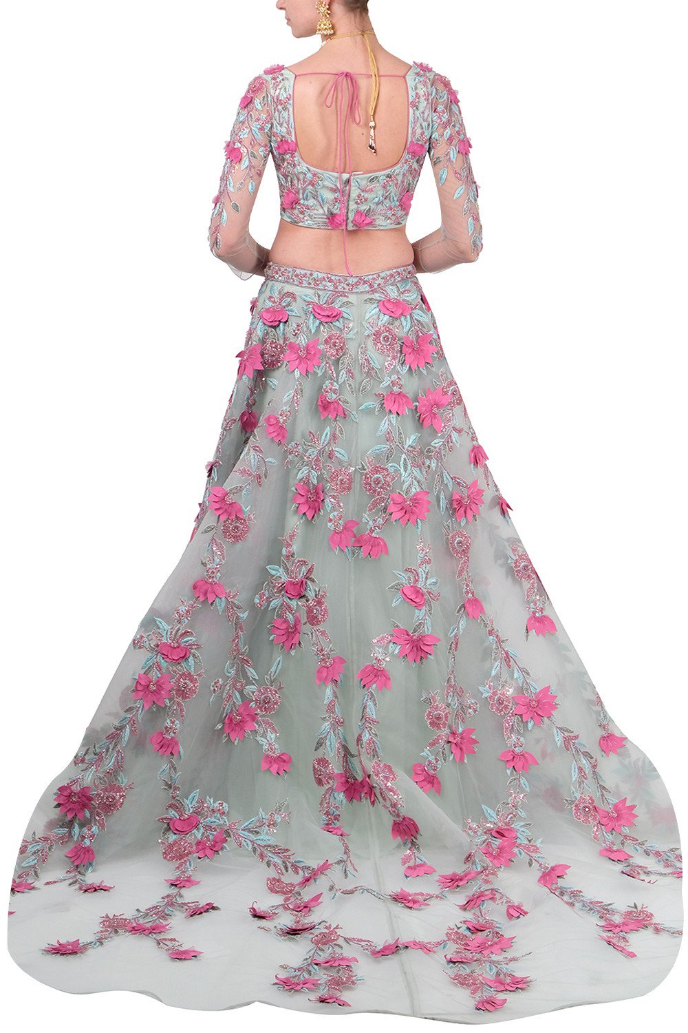 CY Amit GT Sea Green Floral Lehenga Set Back 1