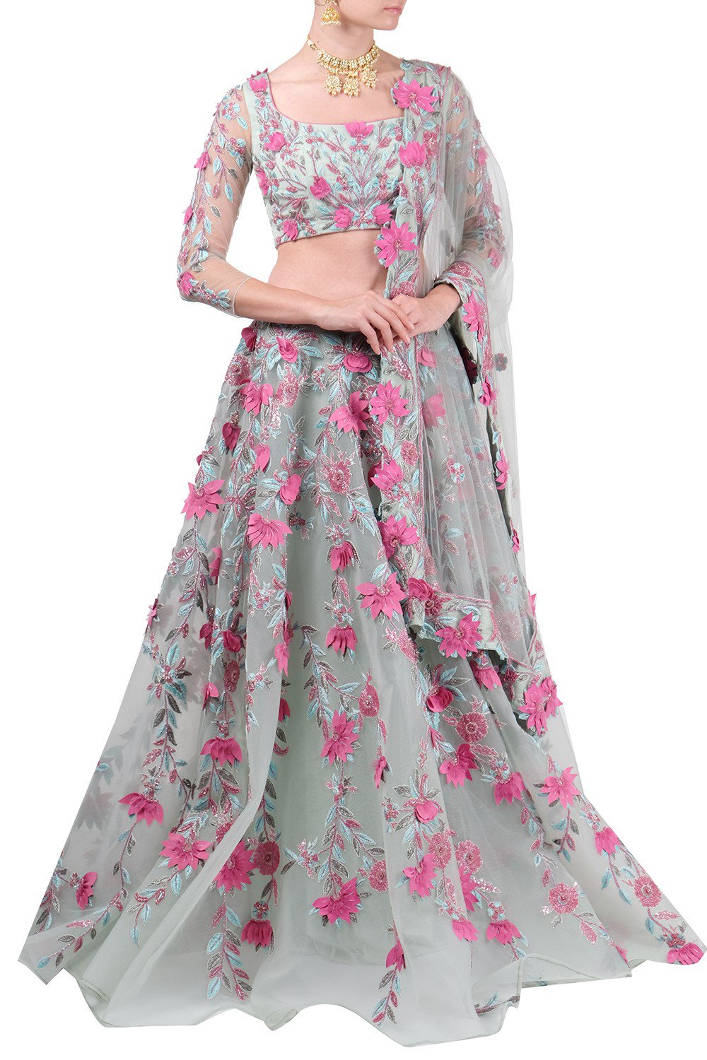 CY Amit GT Sea Green Floral Lehenga Set Front 2