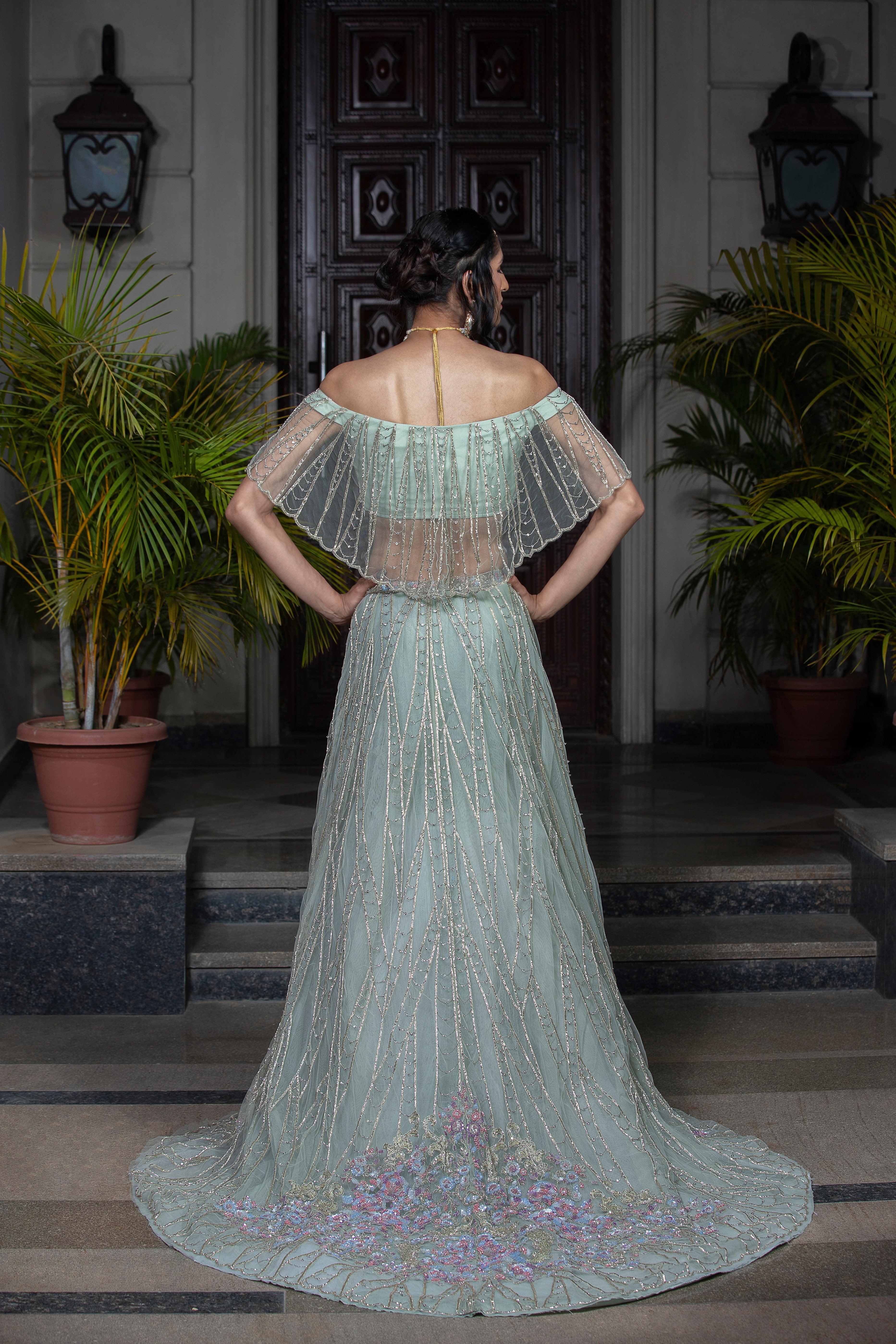 CY Amit GT Sea Green Hand Embroidered Lehenga Set Back 1