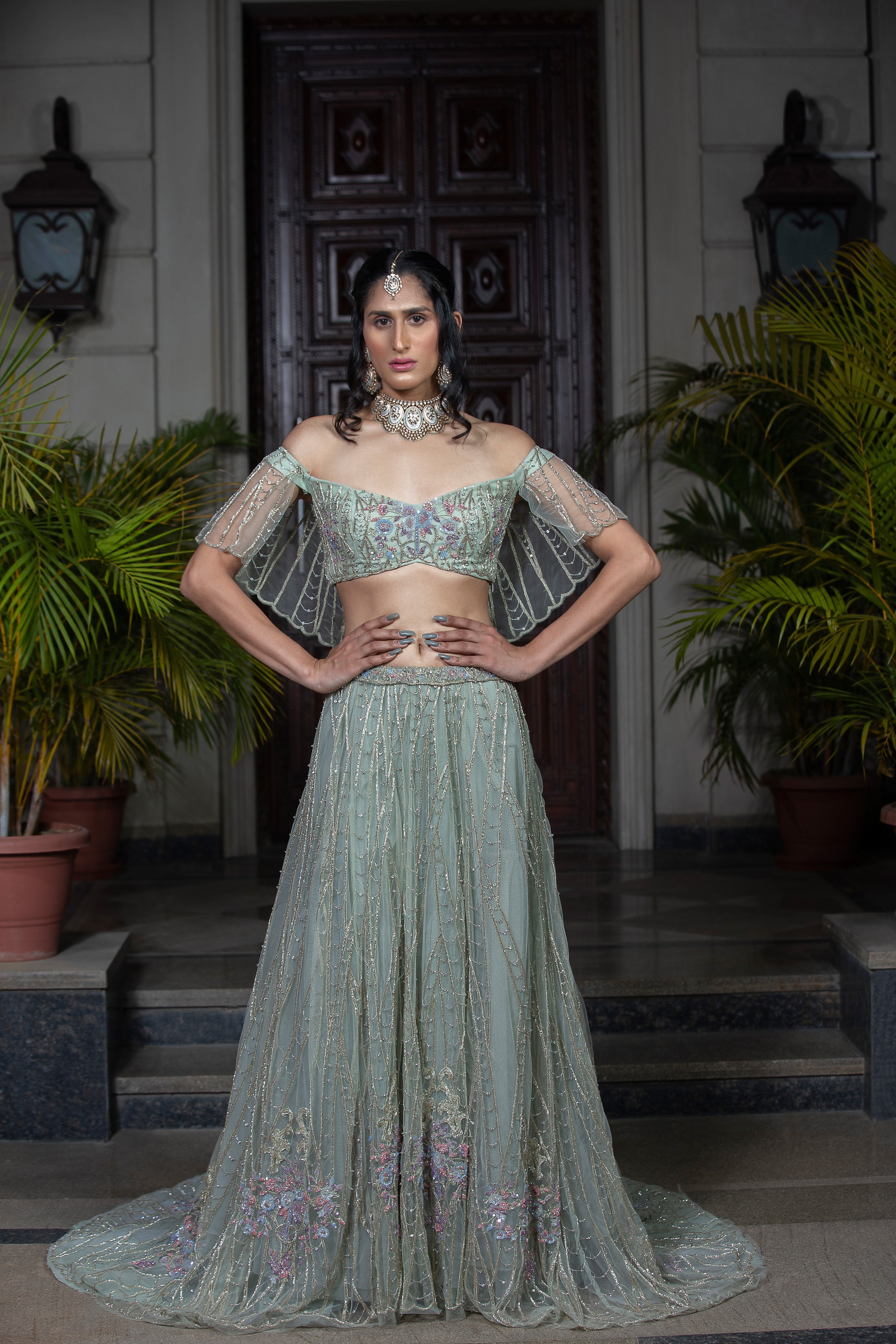 CY Amit GT Sea Green Hand Embroidered Lehenga Set Front 1