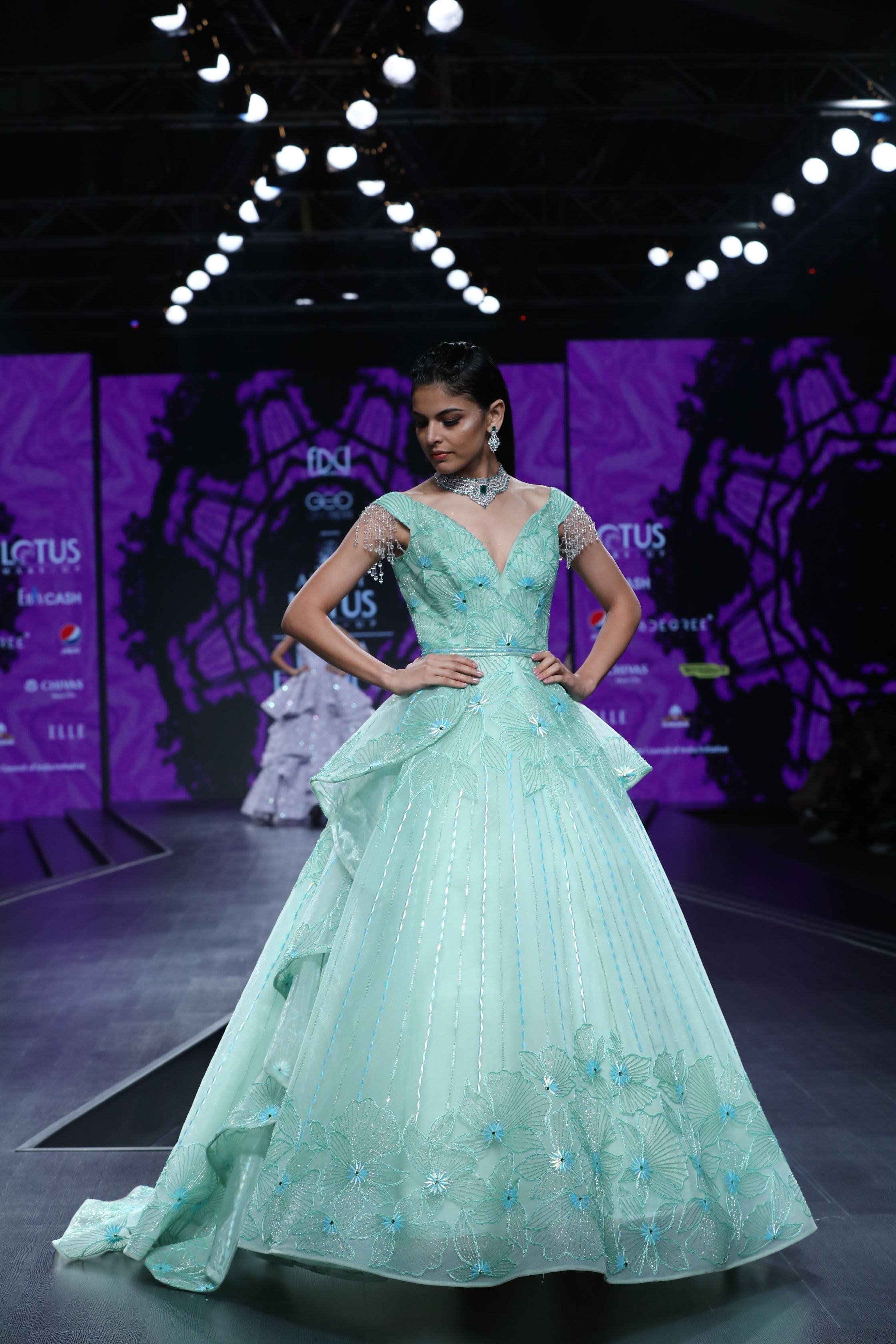 CY Amit GT Sea Green Tierd Draped Ball Gown Front 1