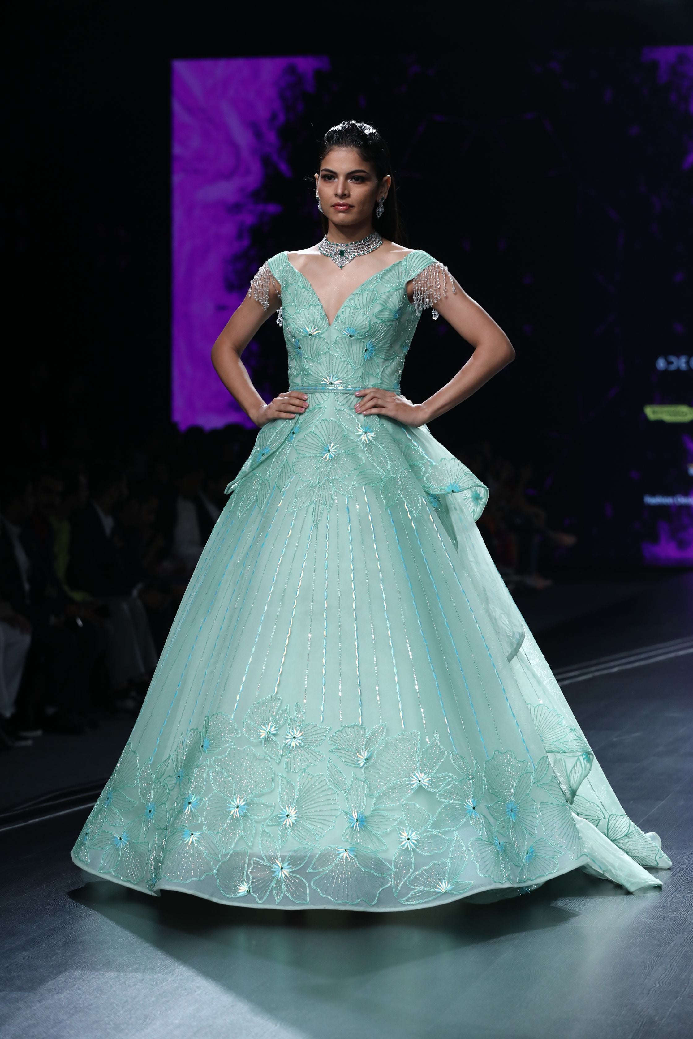 CY Amit GT Sea Green Tierd Draped Ball Gown Front 2