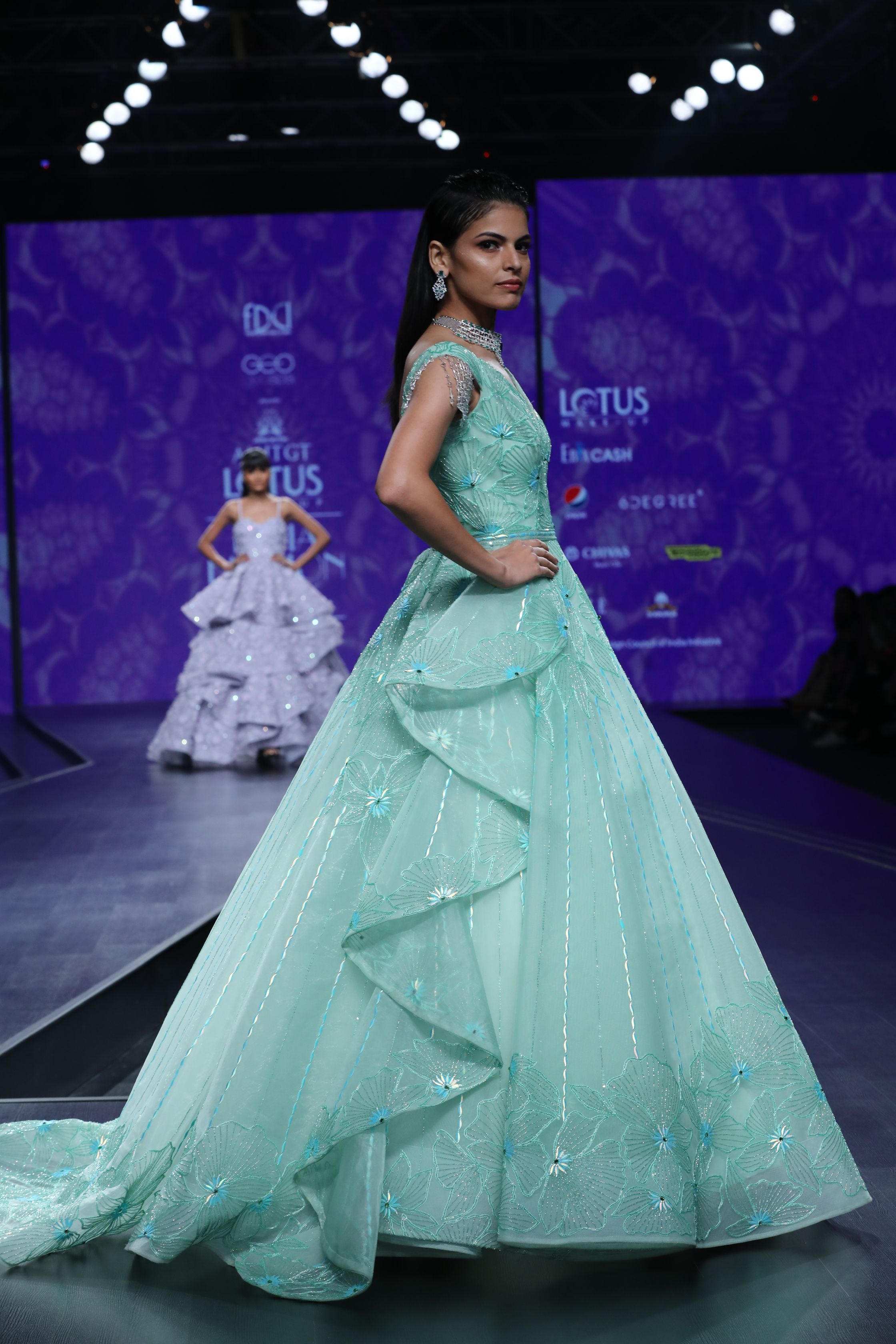 CY Amit GT Sea Green Tierd Draped Ball Gown Side 1