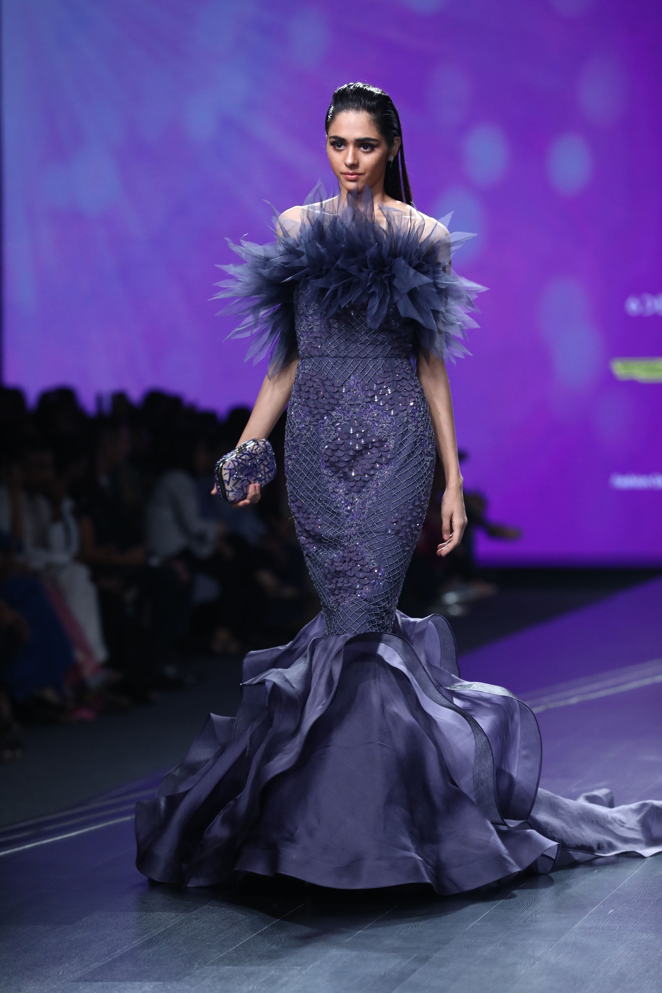 CY Amit GT Tanzanite Crystal Ruffle Mermaid Gown Front 1