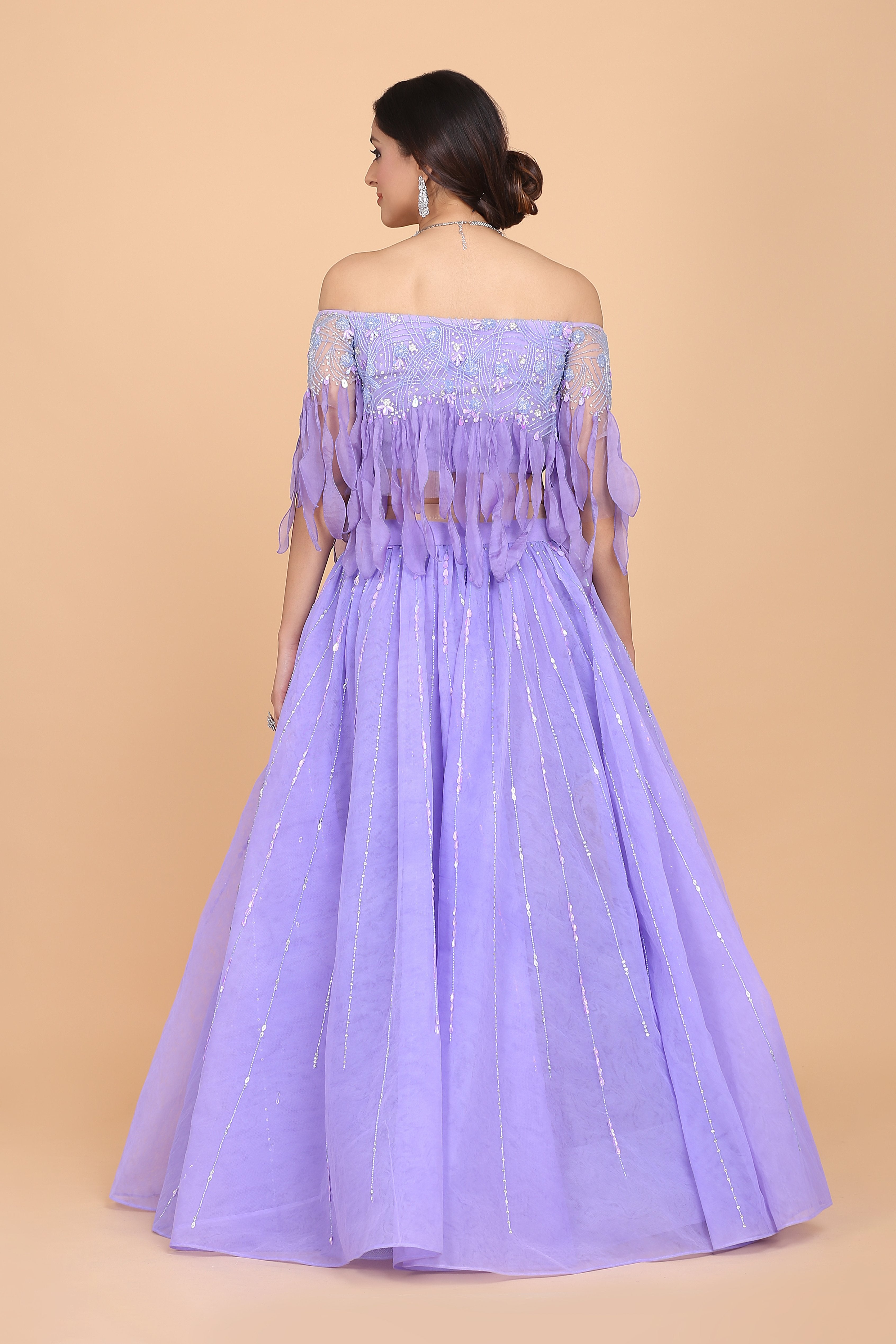 CY Amit GT Tassel Off Shoulder Fringed Top & Lehenga Set Back 1