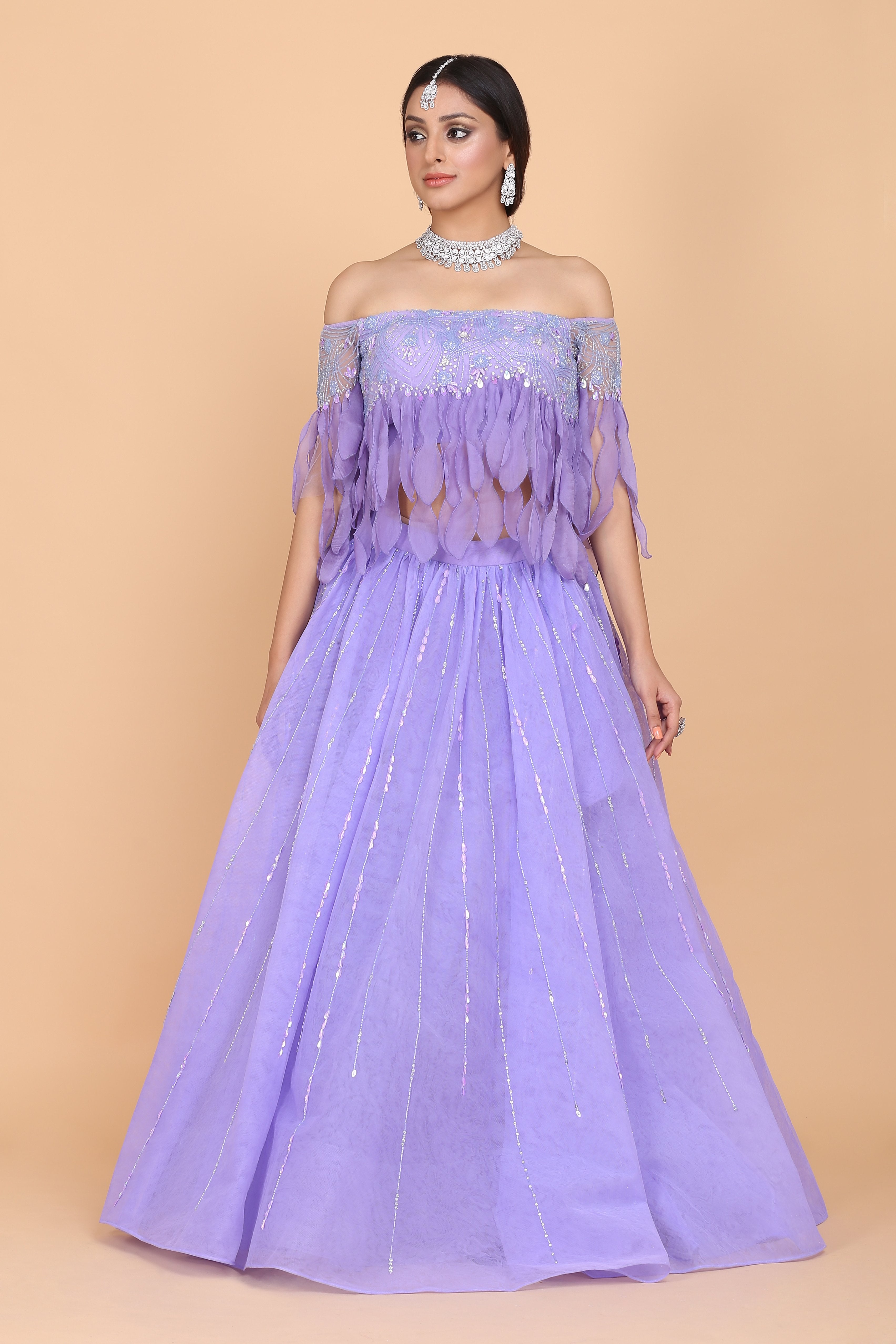 CY Amit GT Tassel Off Shoulder Fringed Top & Lehenga Set Front 1