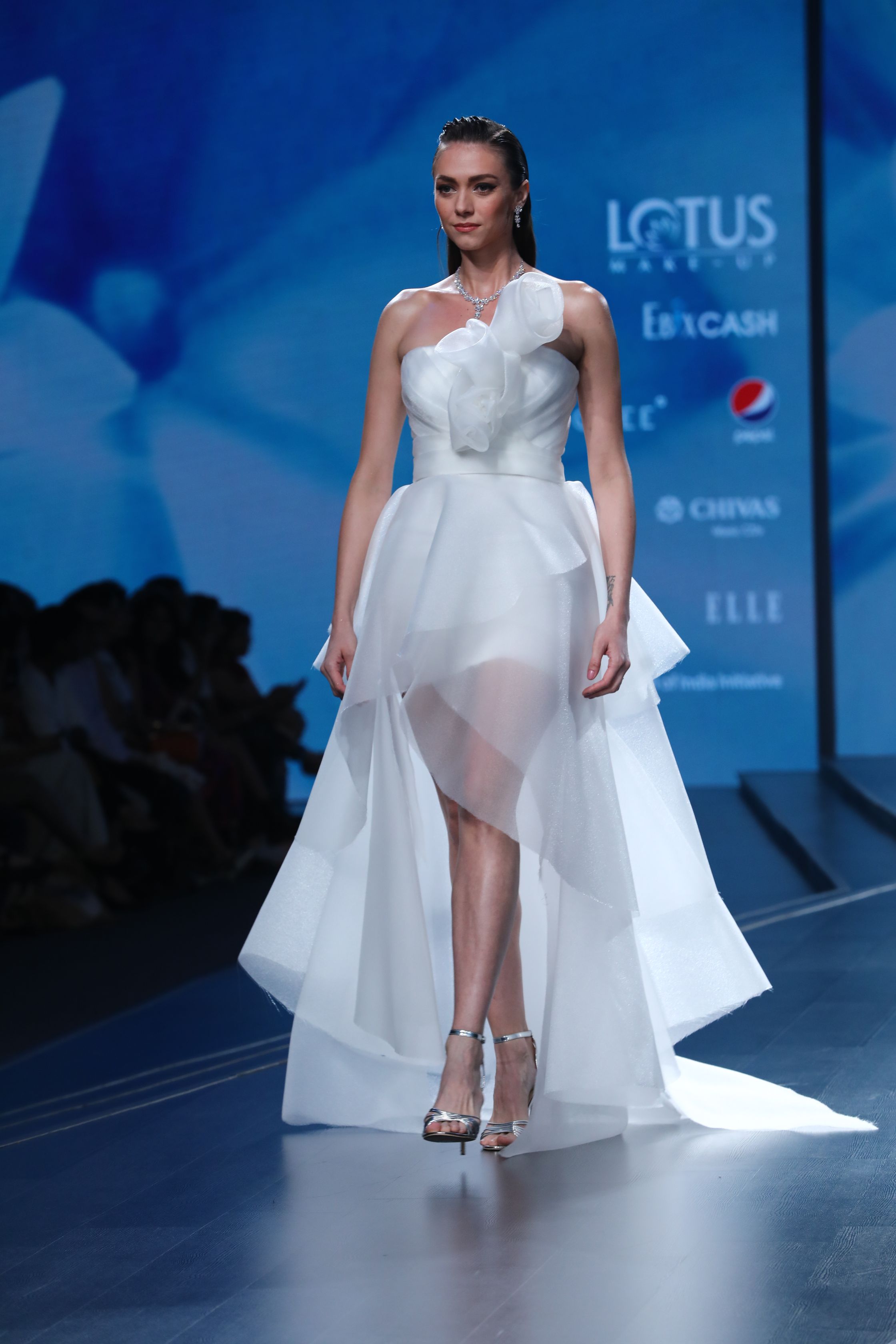 CY Amit GT White Tier Draped Ruffle Gown Front 1