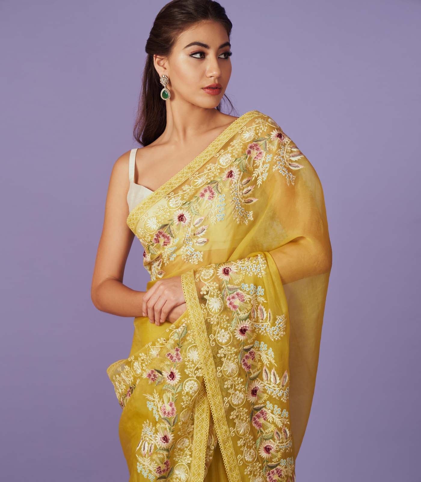CY Anushree Reddy Multi Thread Work Yellow Saree Set Closeup 1