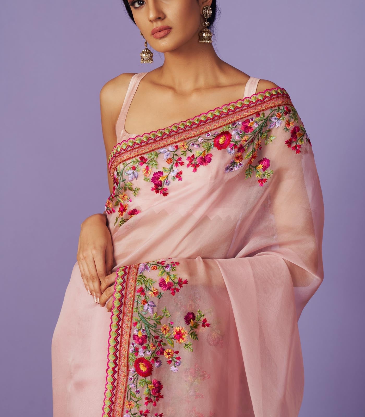 CY Anushree Reddy Multi Threadwork Onion Pink Saree Set Success Closeup 1