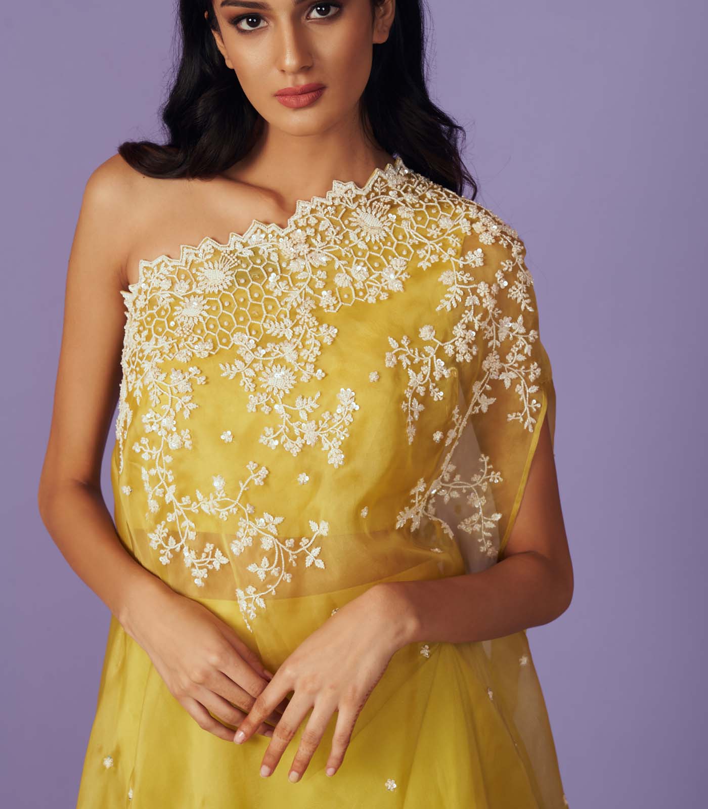 CY Anushree Reddy One Shoulder Cape Set Closeup 1