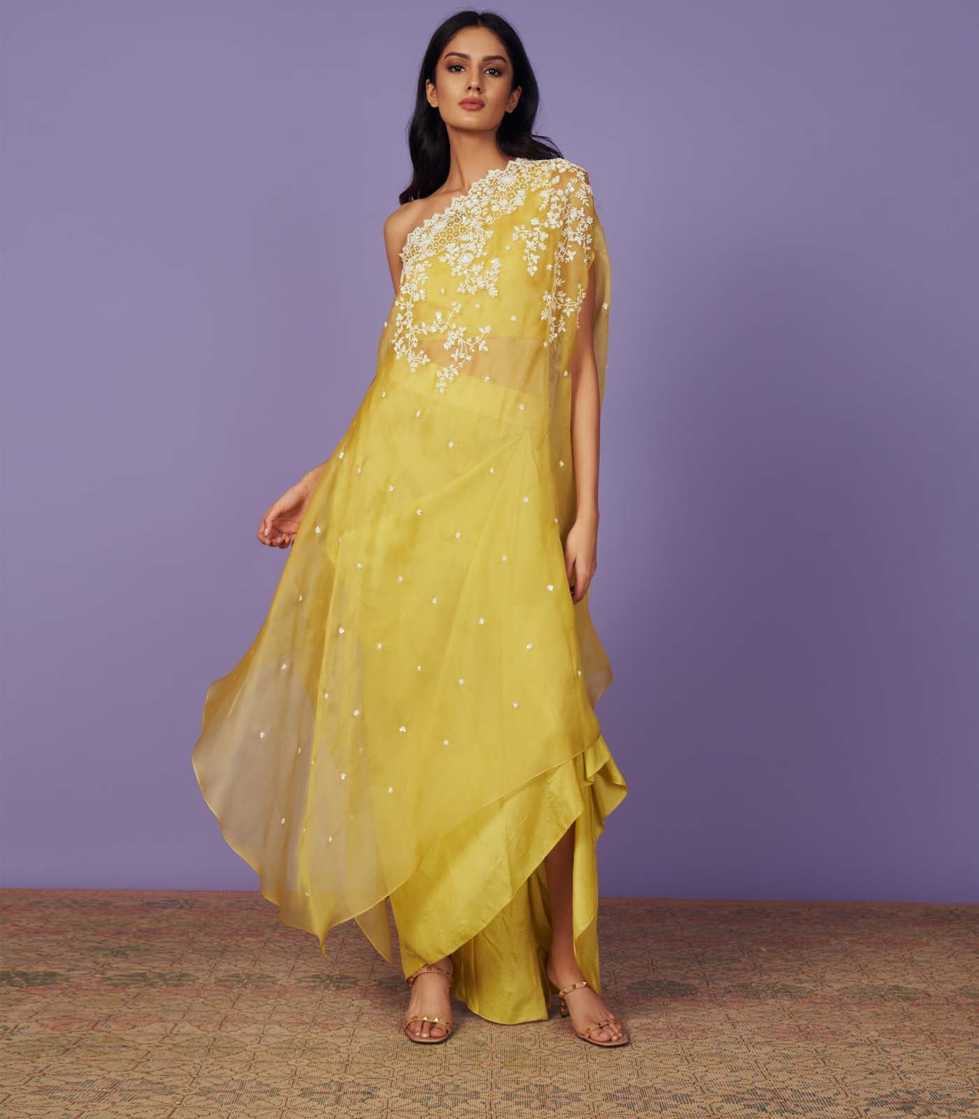 CY Anushree Reddy One Shoulder Cape Set Front 1