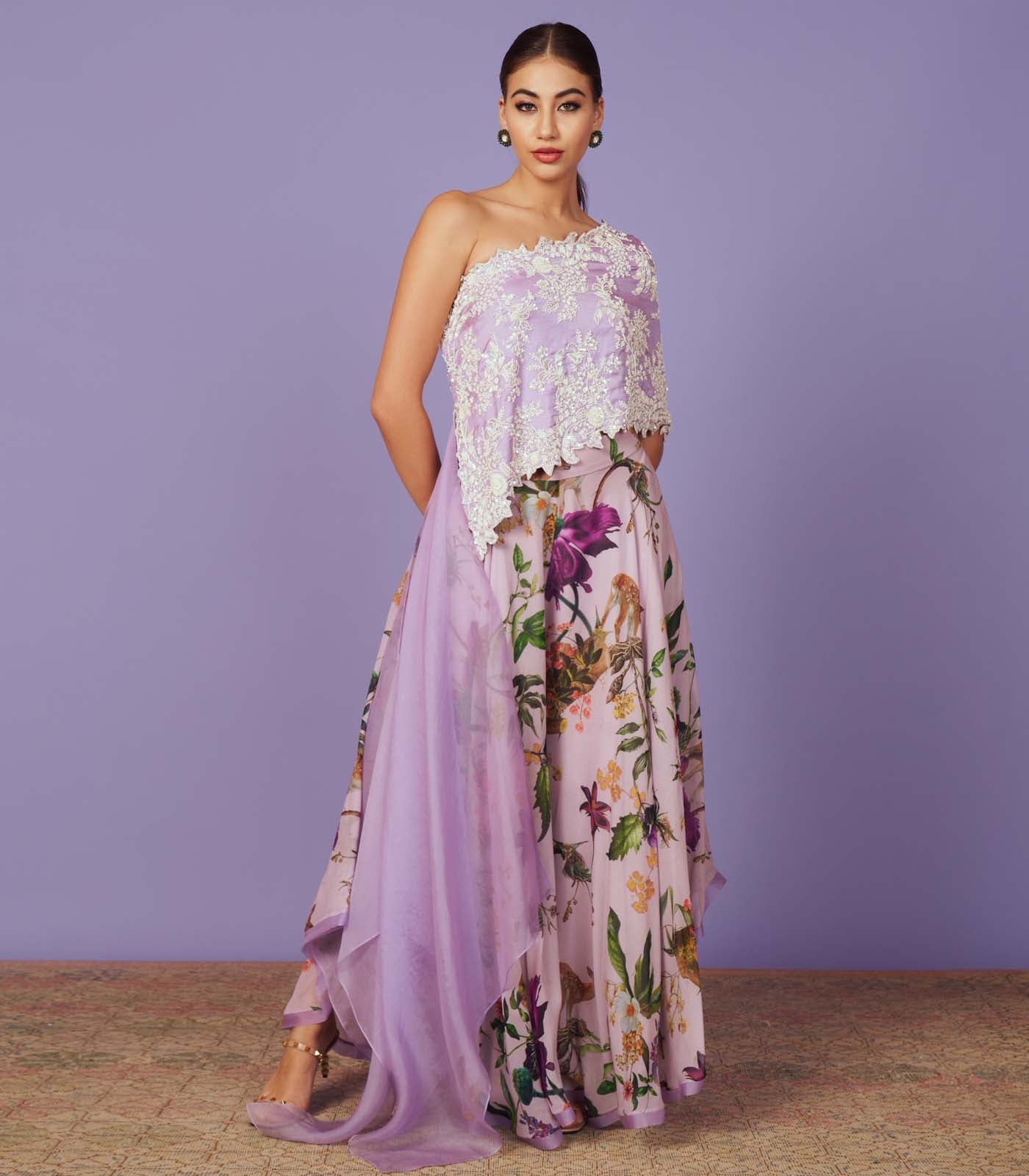 CY Anushree Reddy One Shoulder Lavender Cape Set Front 1