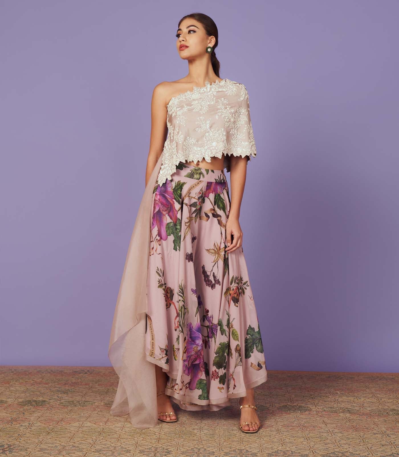 CY Anushree Reddy Pearl Work One Shoulder Cape Set Front 1