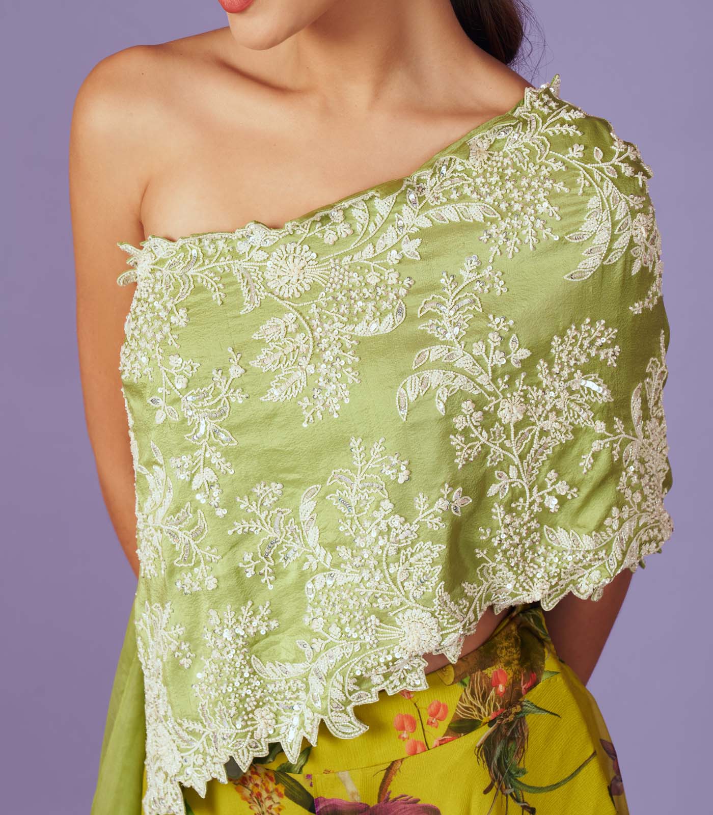 CY Anushree Reddy Pearl Work One Shoulder Green Cape Set Closeup 1