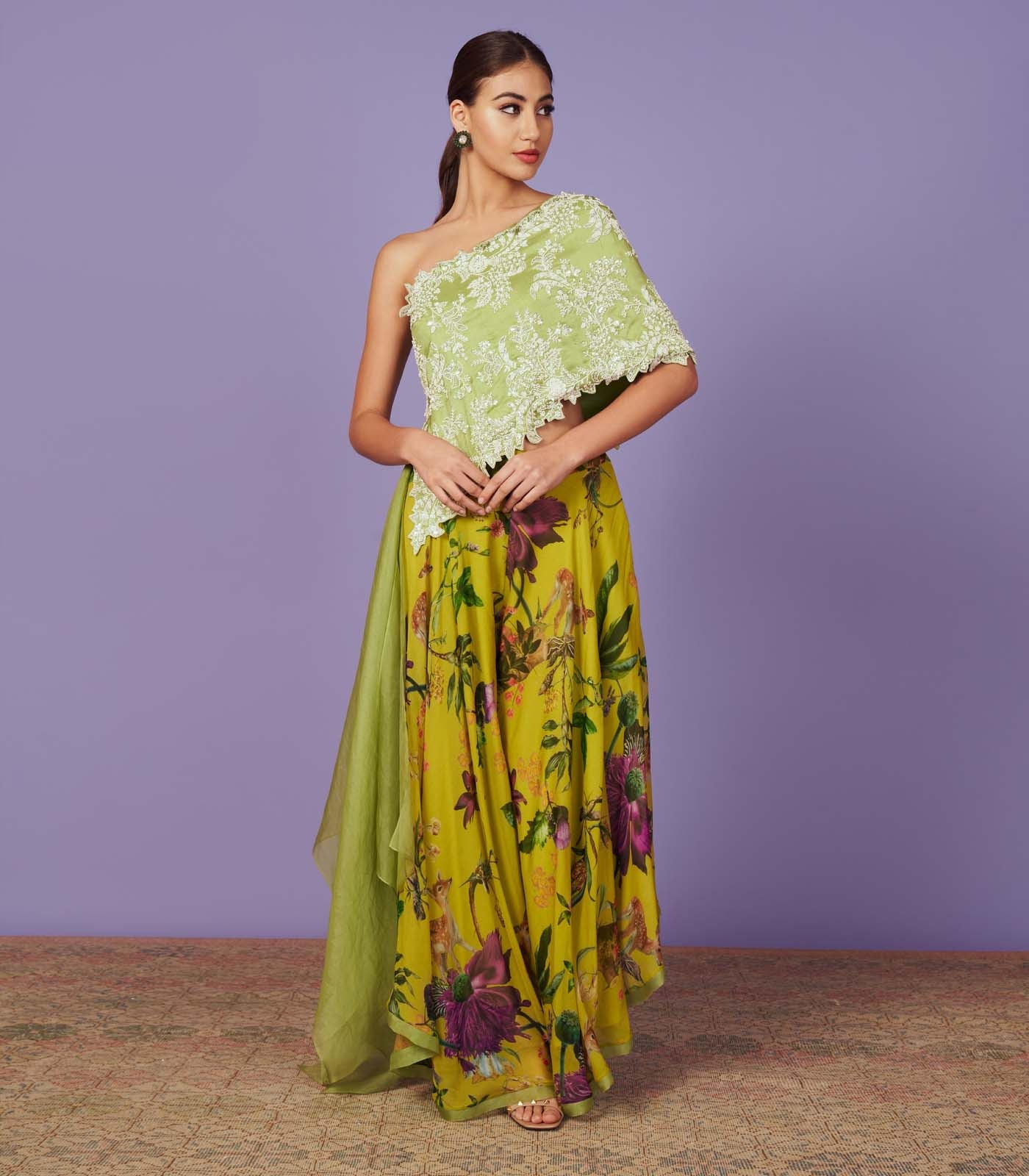 CY Anushree Reddy Pearl Work One Shoulder Green Cape Set Front 1