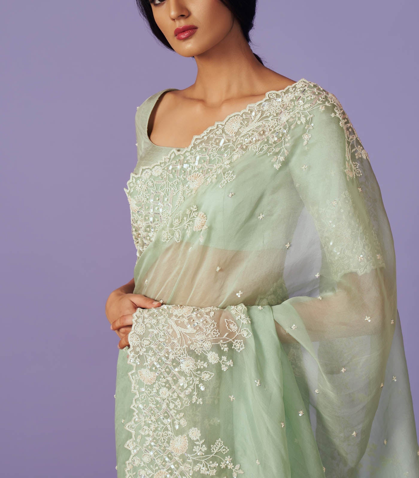 CY Anushree Reddy Pearl Work Saree Set Closeup 1