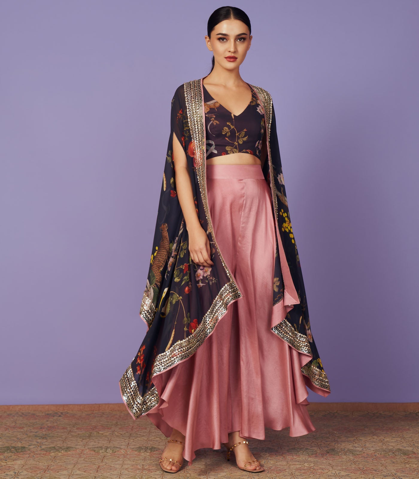 CY Anushree Reddy Sequins Black Cape Set Success Front 1