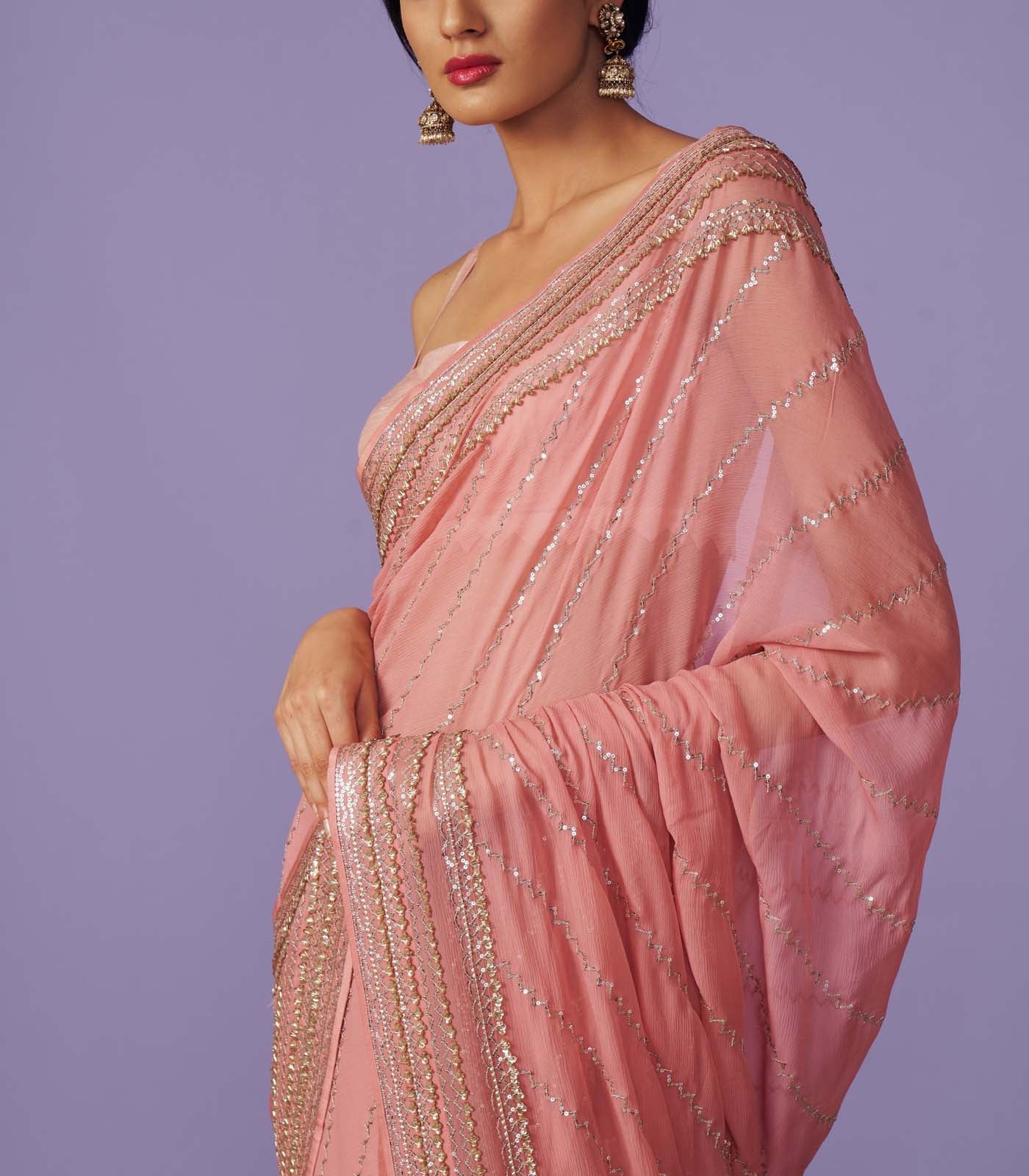 CY Anushree Reddy Sequins Border Pink Saree Set Closeup 1