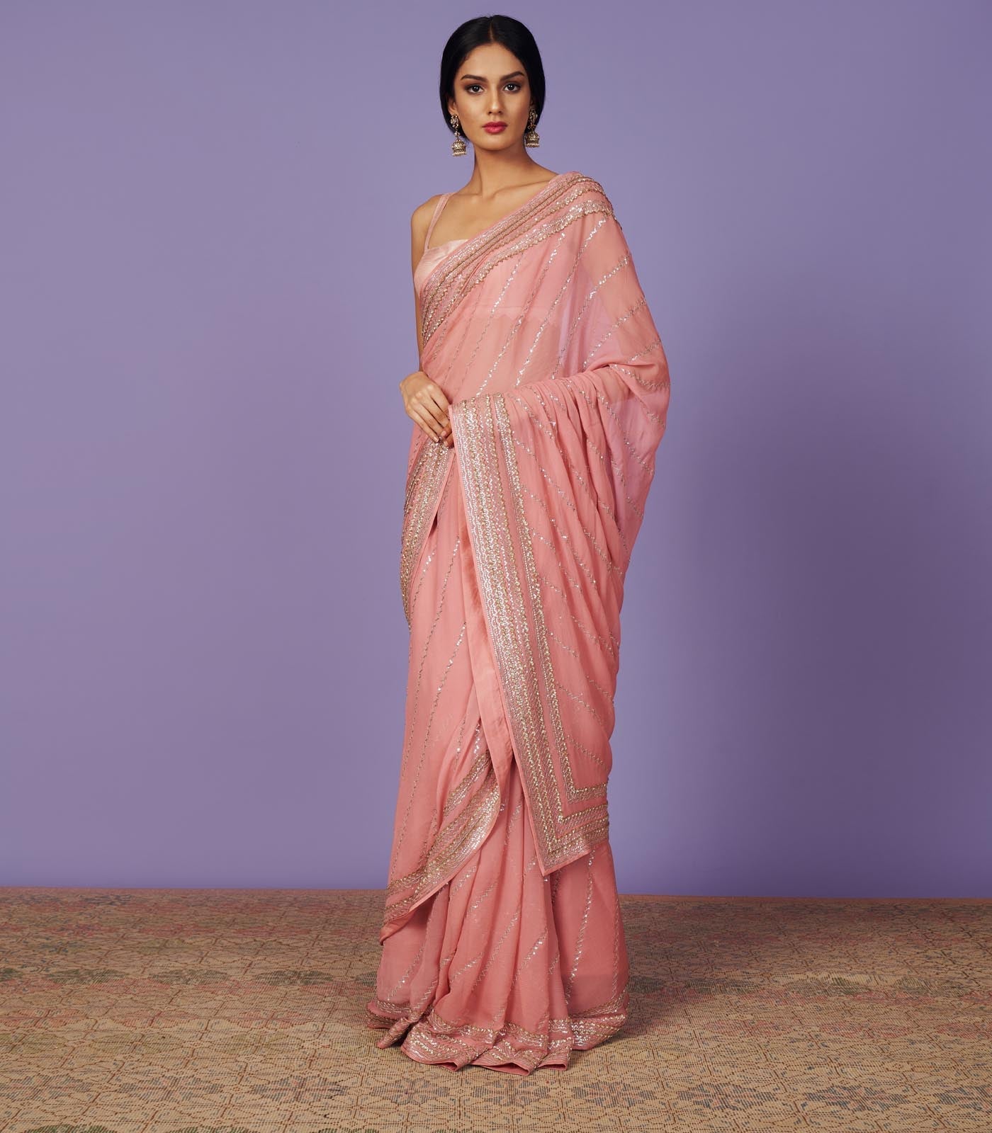 CY Anushree Reddy Sequins Border Pink Saree Set Front 1