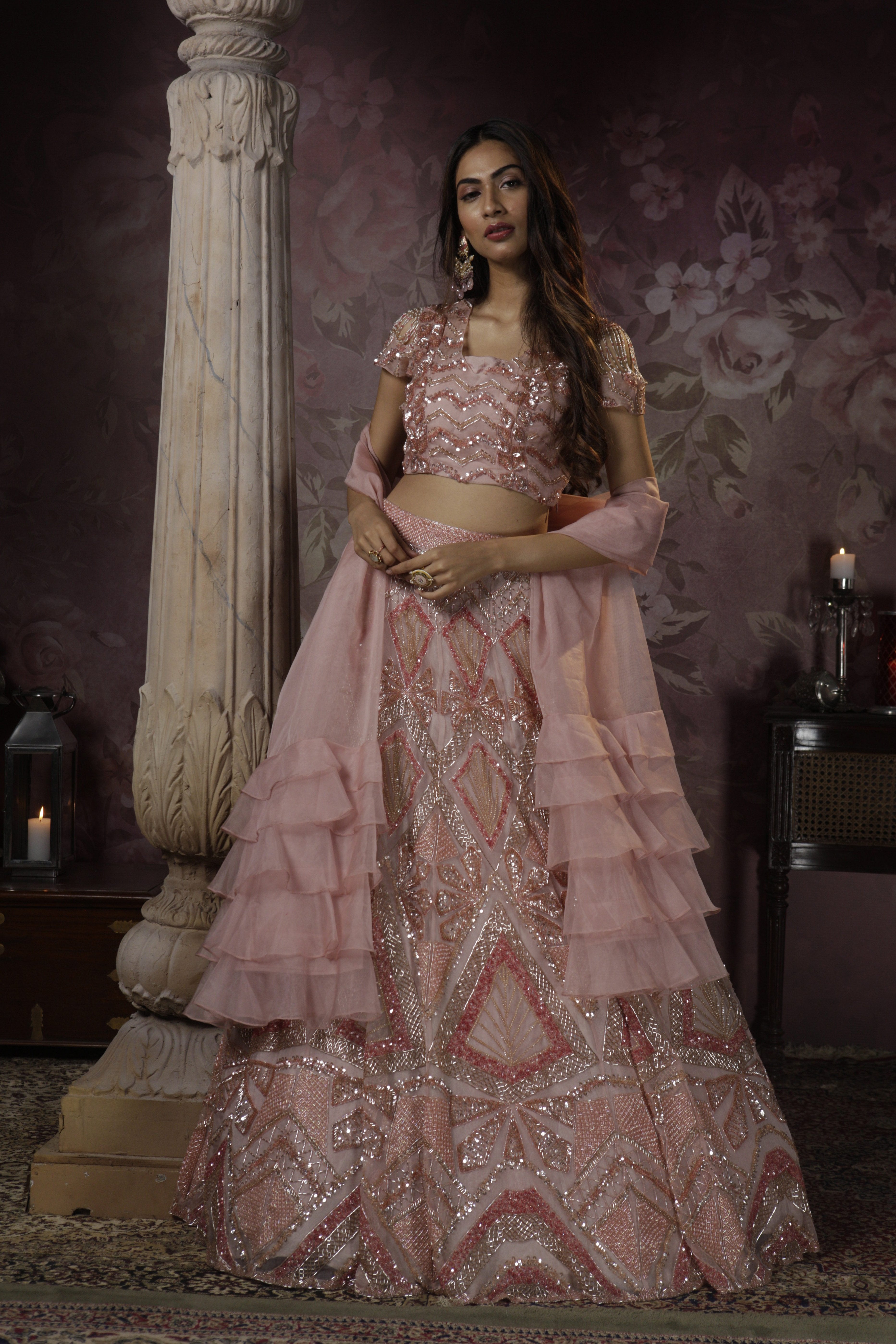 Bindani by Jigar & Nikita - Hand Embroidered Peach Lehenga Set