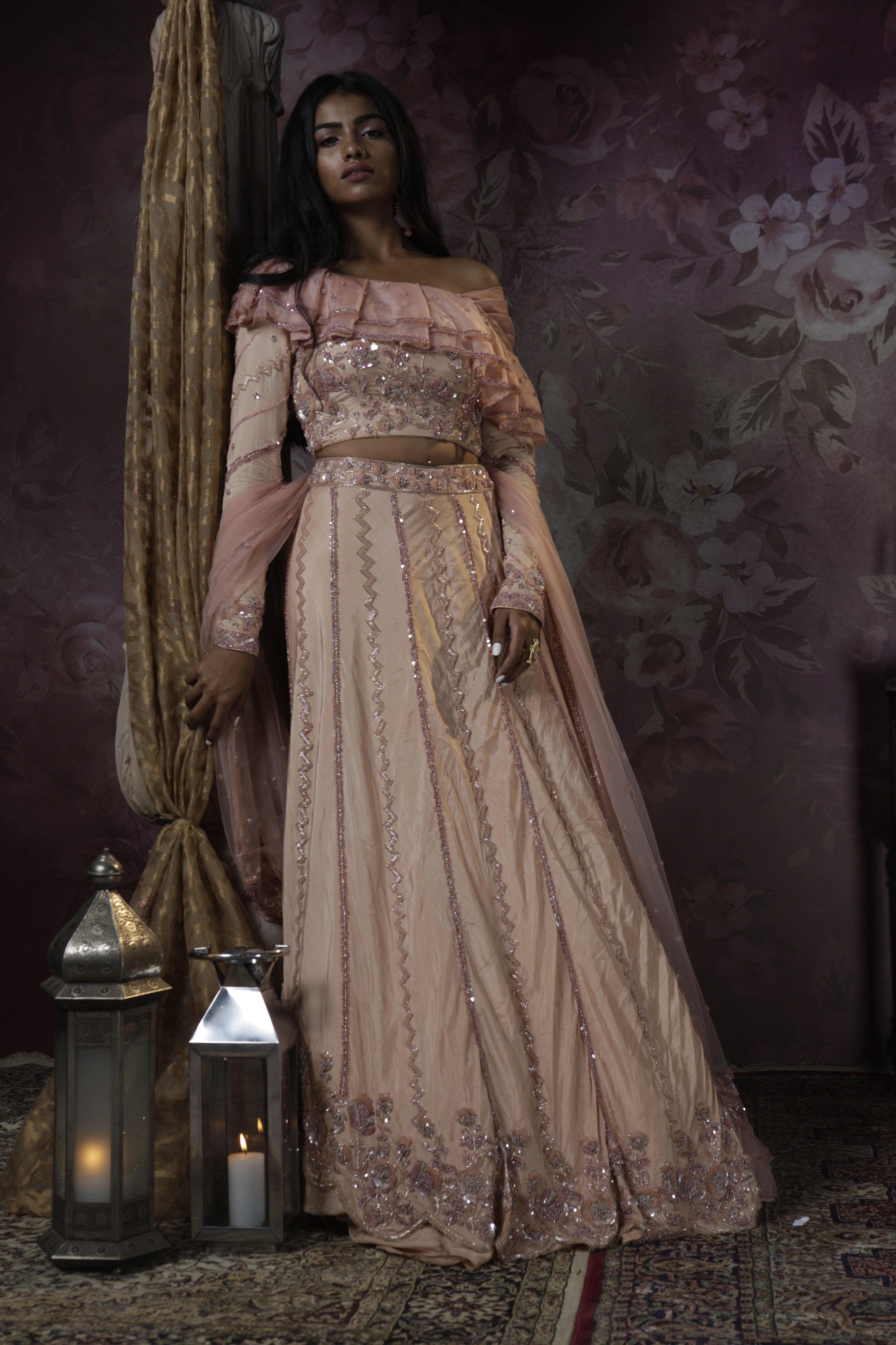 Bindani by Jigar & Nikita - Dusty Peach Embroidered Cocktail Lehenga Set