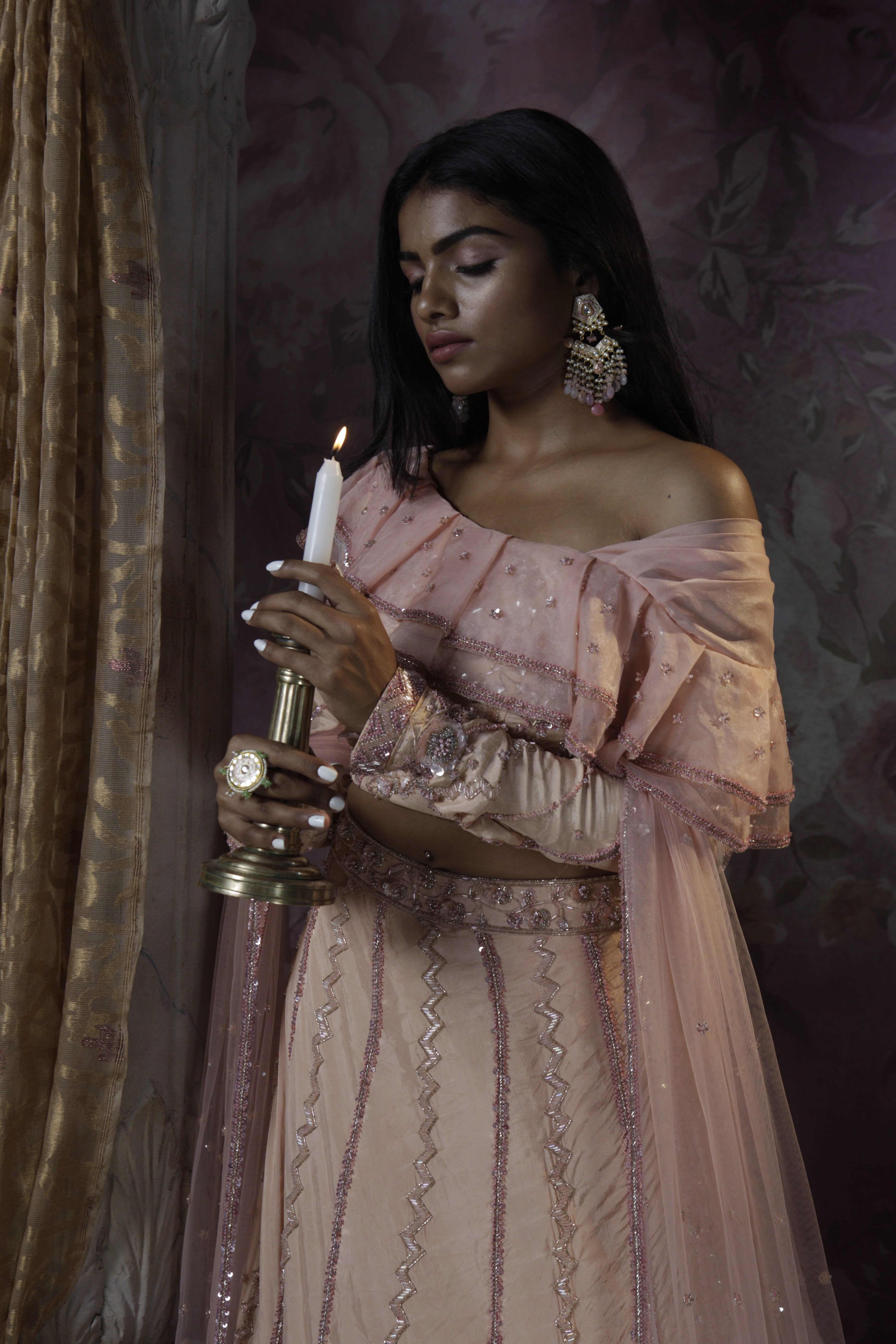 Bindani by Jigar & Nikita - Dusty Peach Embroidered Cocktail Lehenga Set