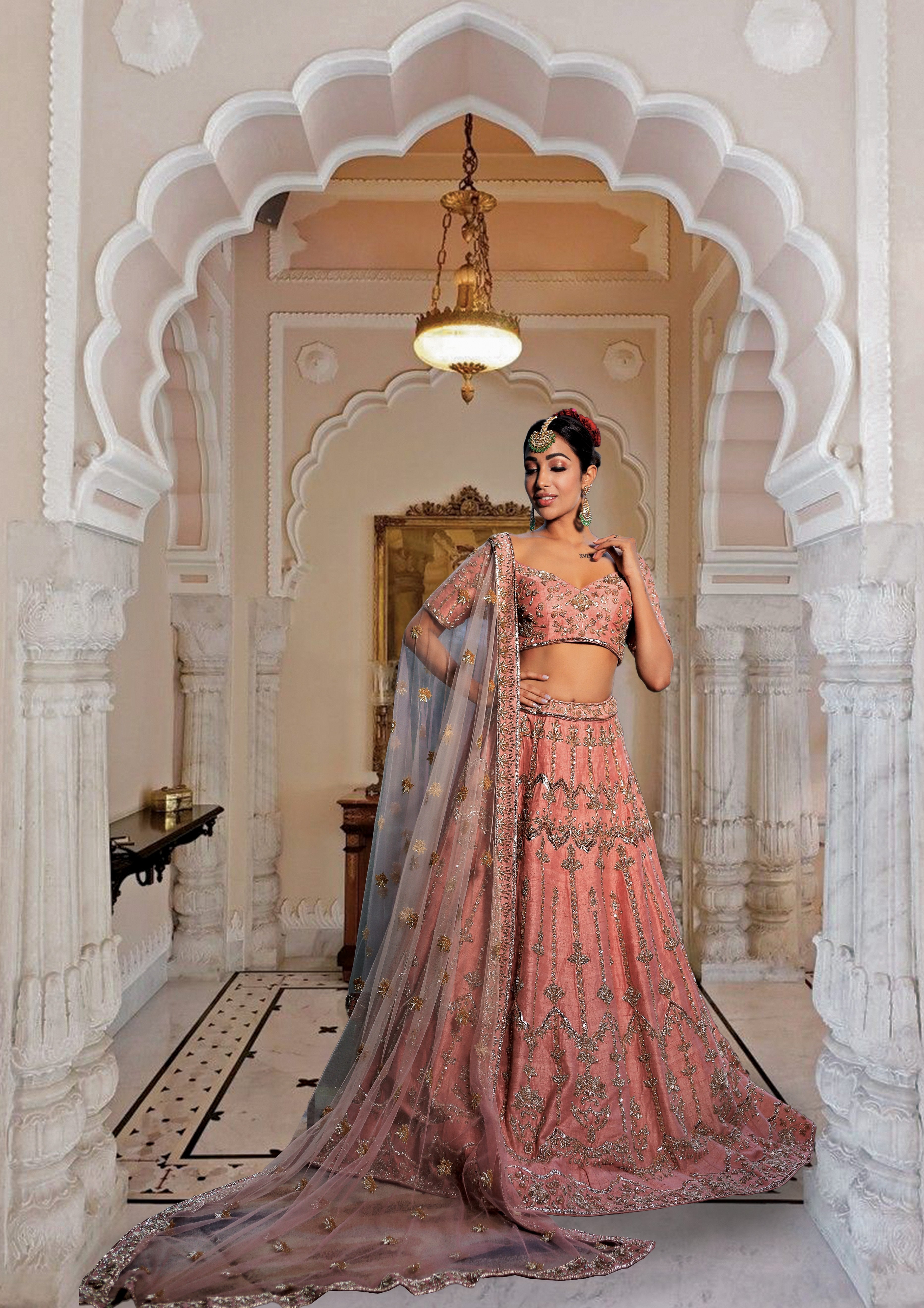 Bindani by Jigar & Nikita - Old Rose Hand Embroidered Lehenga Set