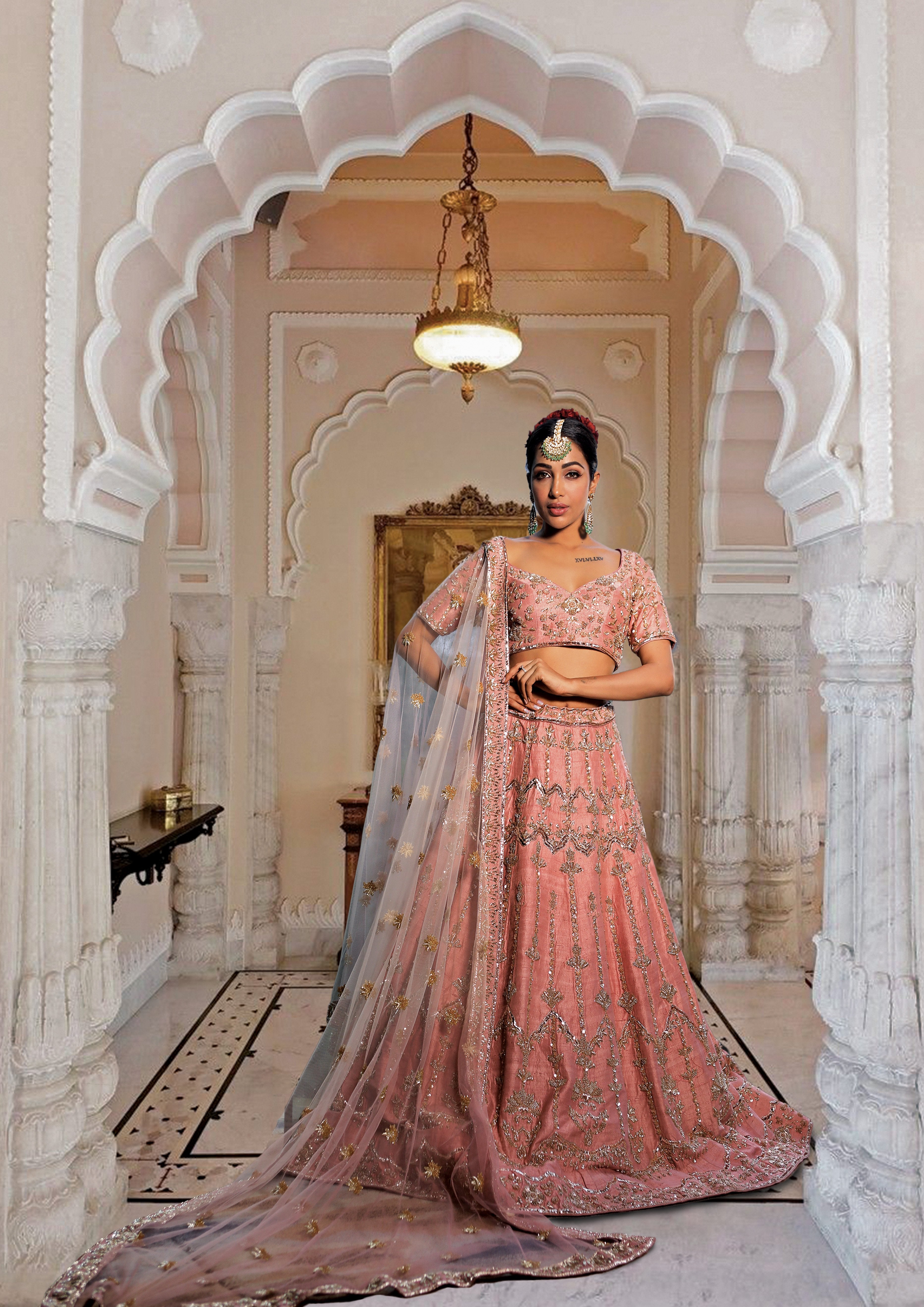 Bindani by Jigar & Nikita - Old Rose Hand Embroidered Lehenga Set