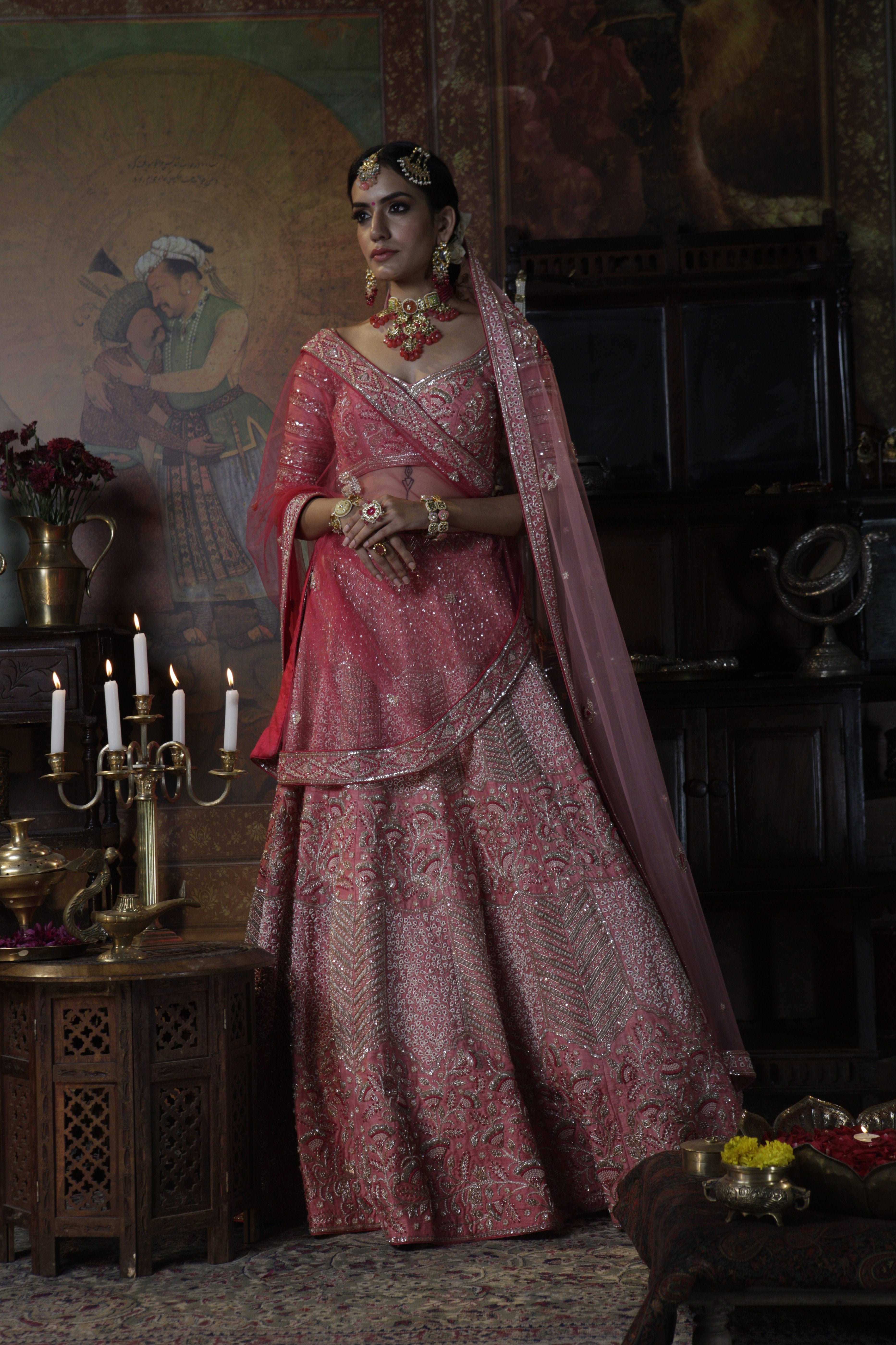 Bindani by Jigar & Nikita - Hand Embroidered Peach Pink Lehenga Set