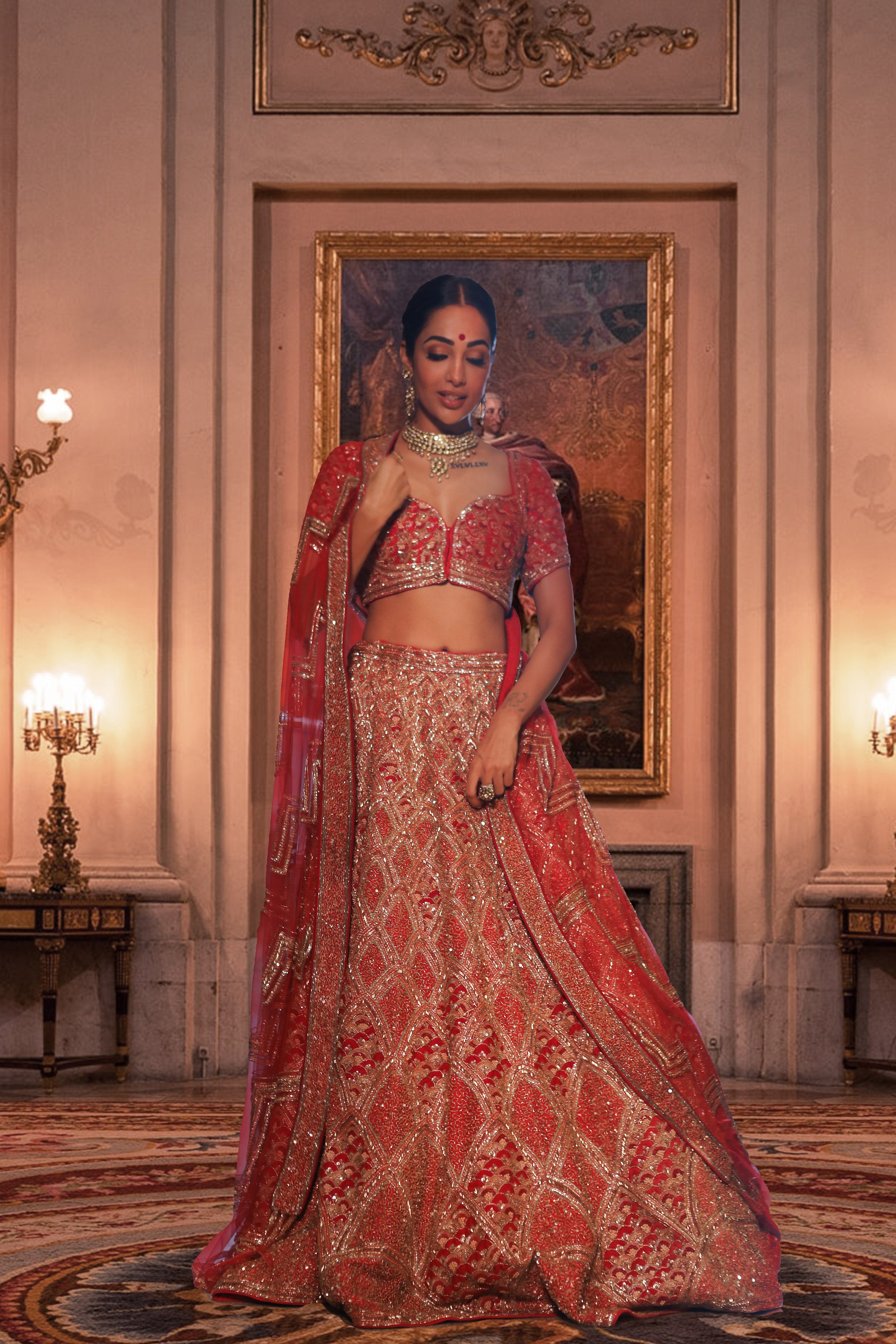 Bindani by Jigar & Nikita - Fire Brick Red Hand Embroidered Lehenga Set