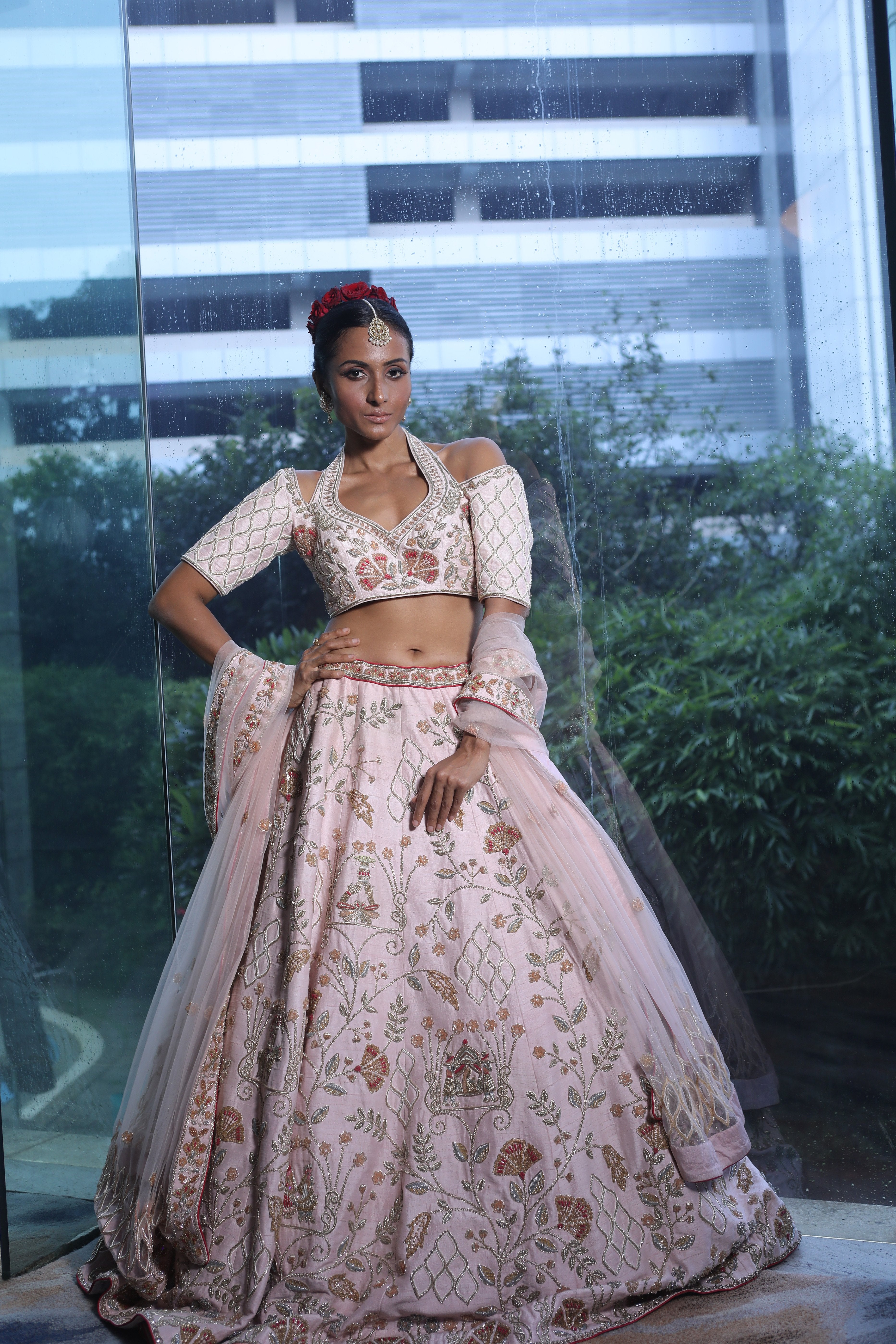 Bindani by Jigar & Nikita - Pastel Pink Hand Embroidered Lehenga Set