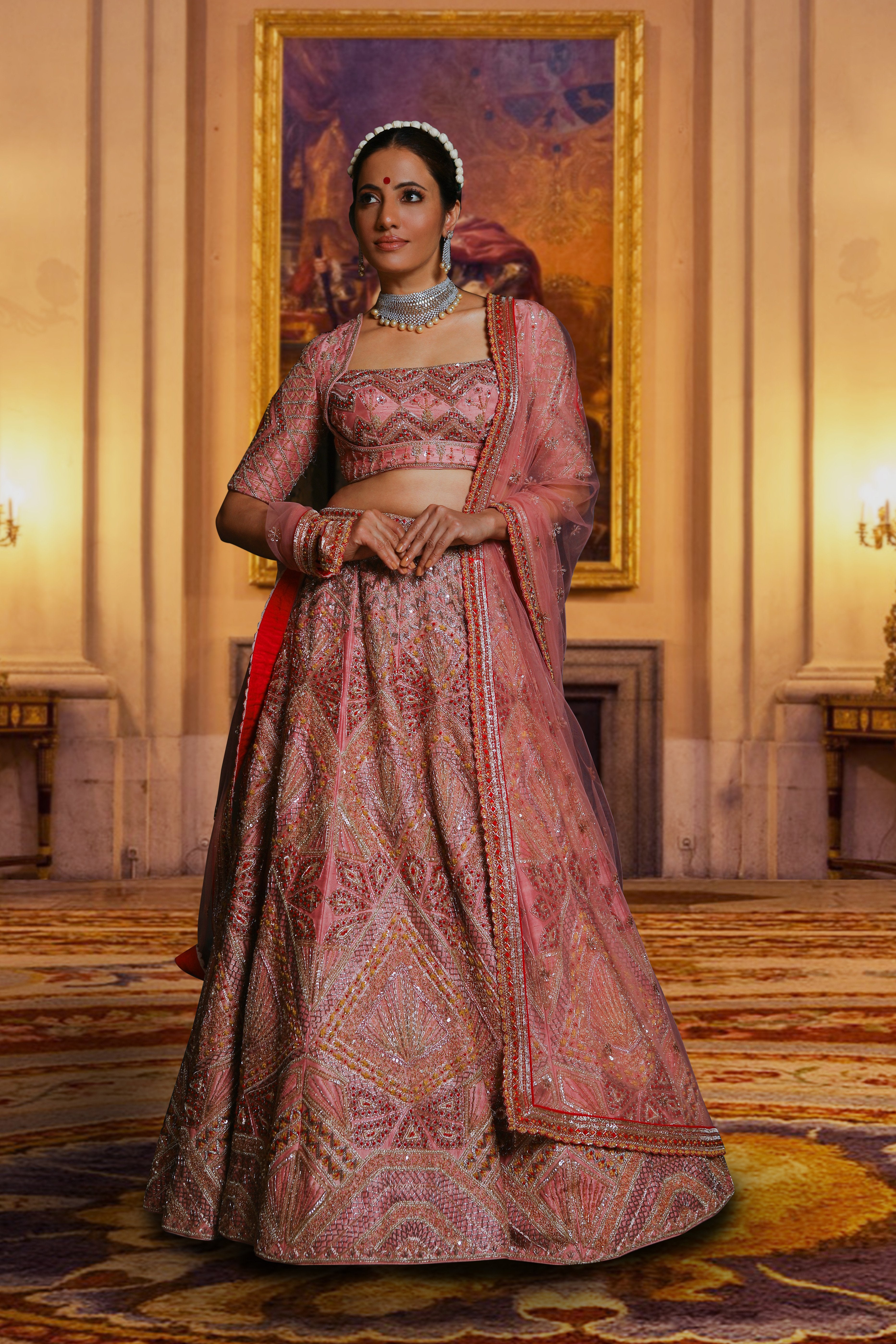 Bindani by Jigar & Nikita - Rose Pink Hand Embroidered Lehenga Set